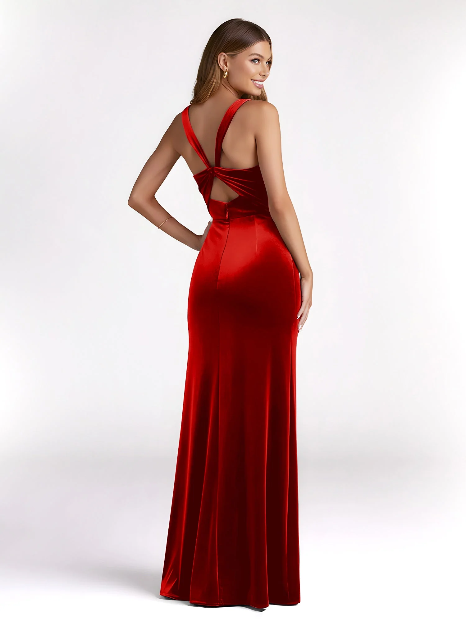 Etui Quadratischer Ausschnitt Samt Plissee Kleid mit Schlitz Rot - Image 2