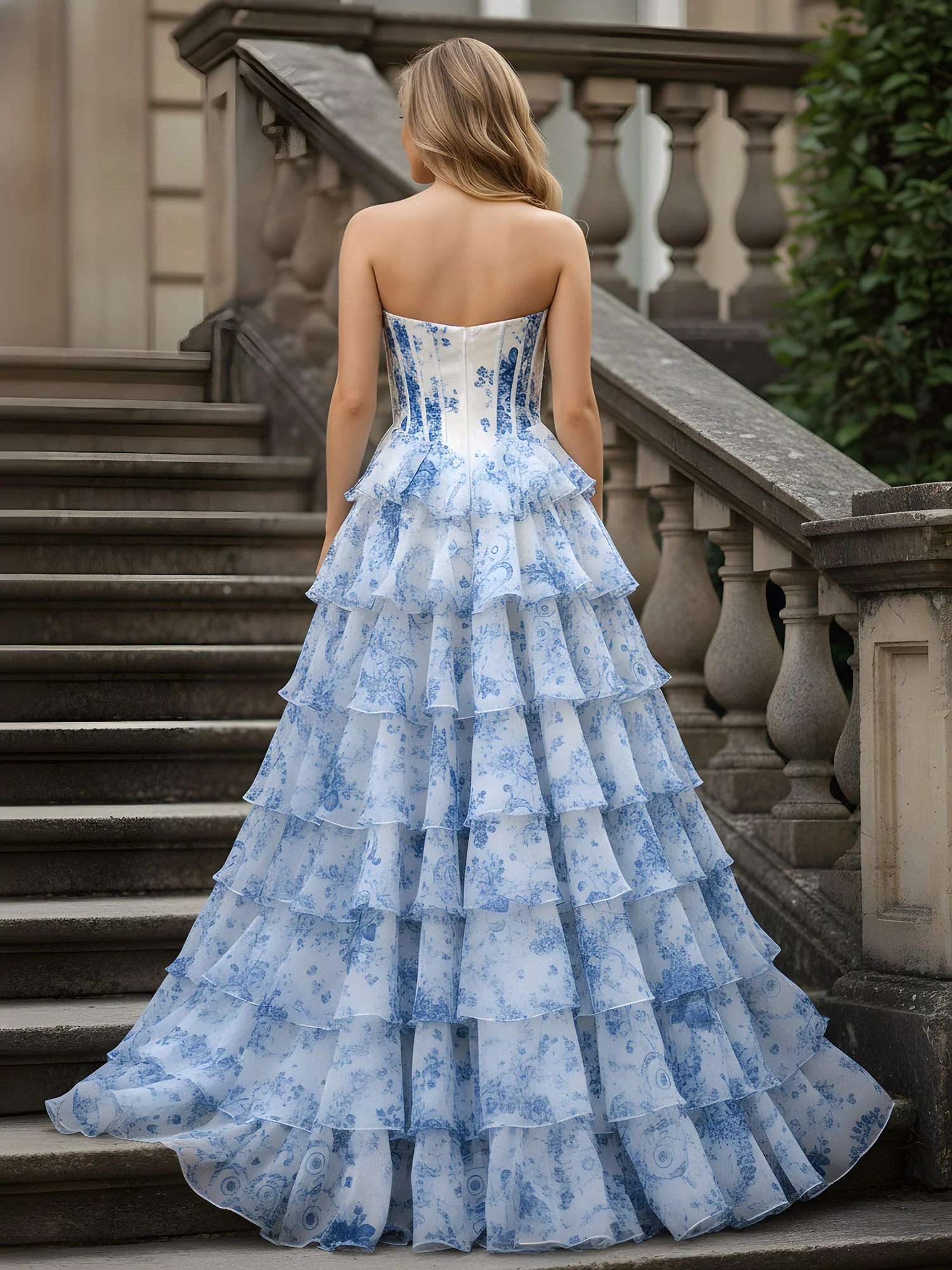 Rüschen Blumendruck Organza Stufen Kleid Blau - Image 2