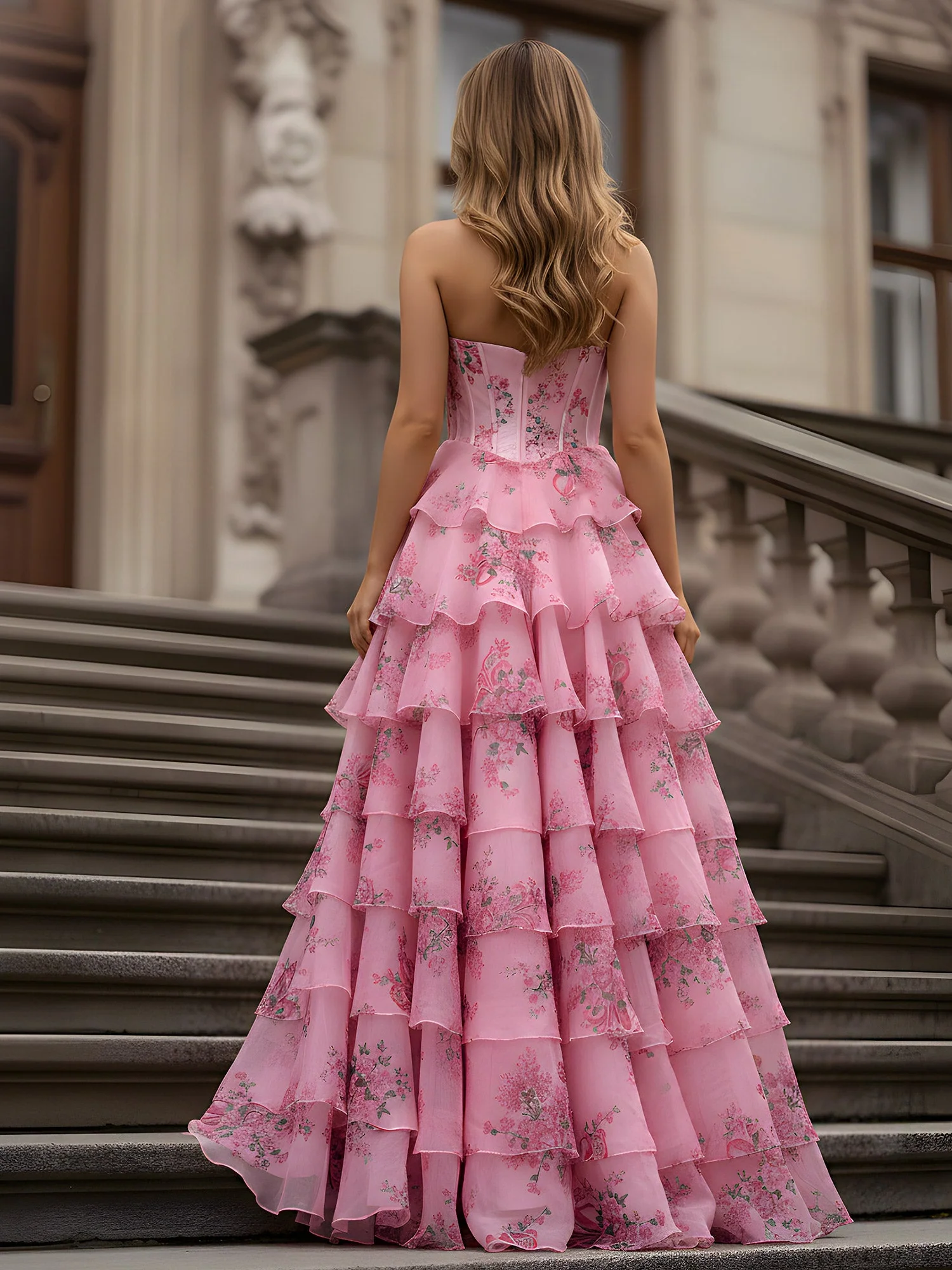 Rüschen Blumendruck Organza Stufen Kleid Rosa - Image 2