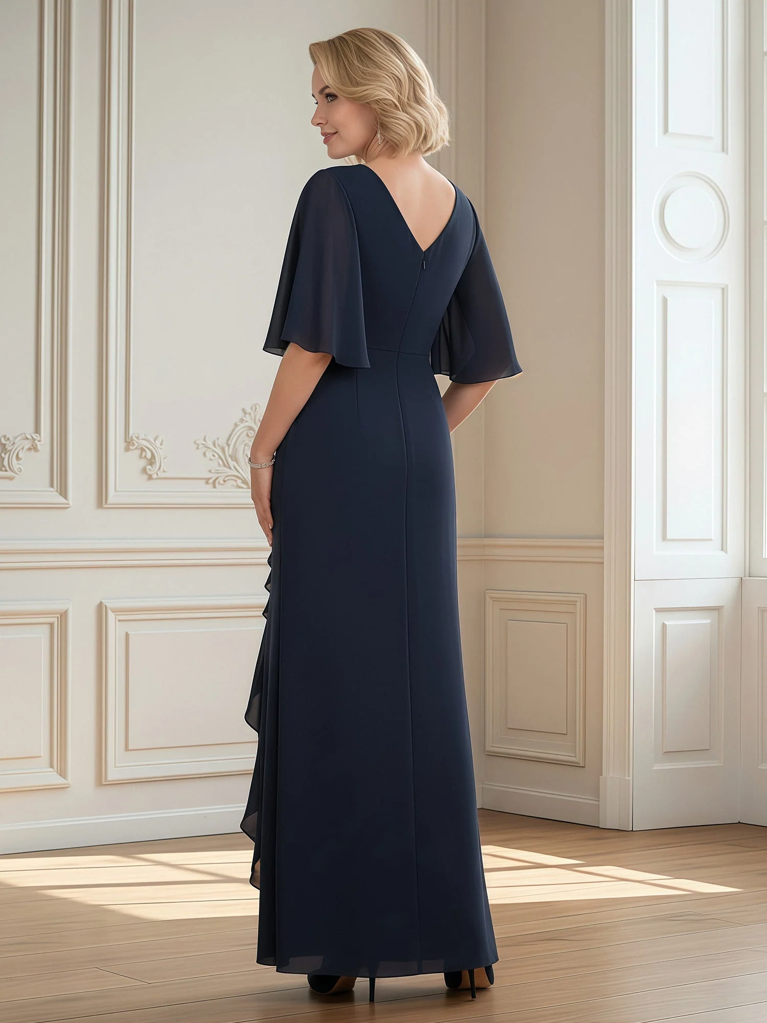 Flatterärmel Plissee Rüschen Lang Kleid mit Schlitz Cabernet - Image 2