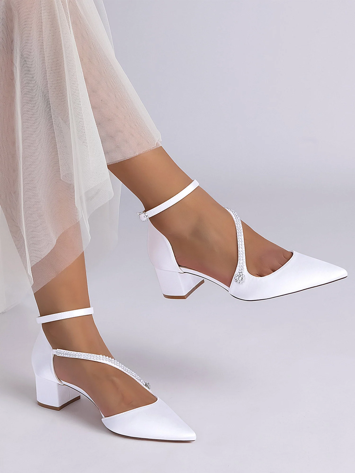 Damen Strass Spitzenschuh Blockabsatz Pumps