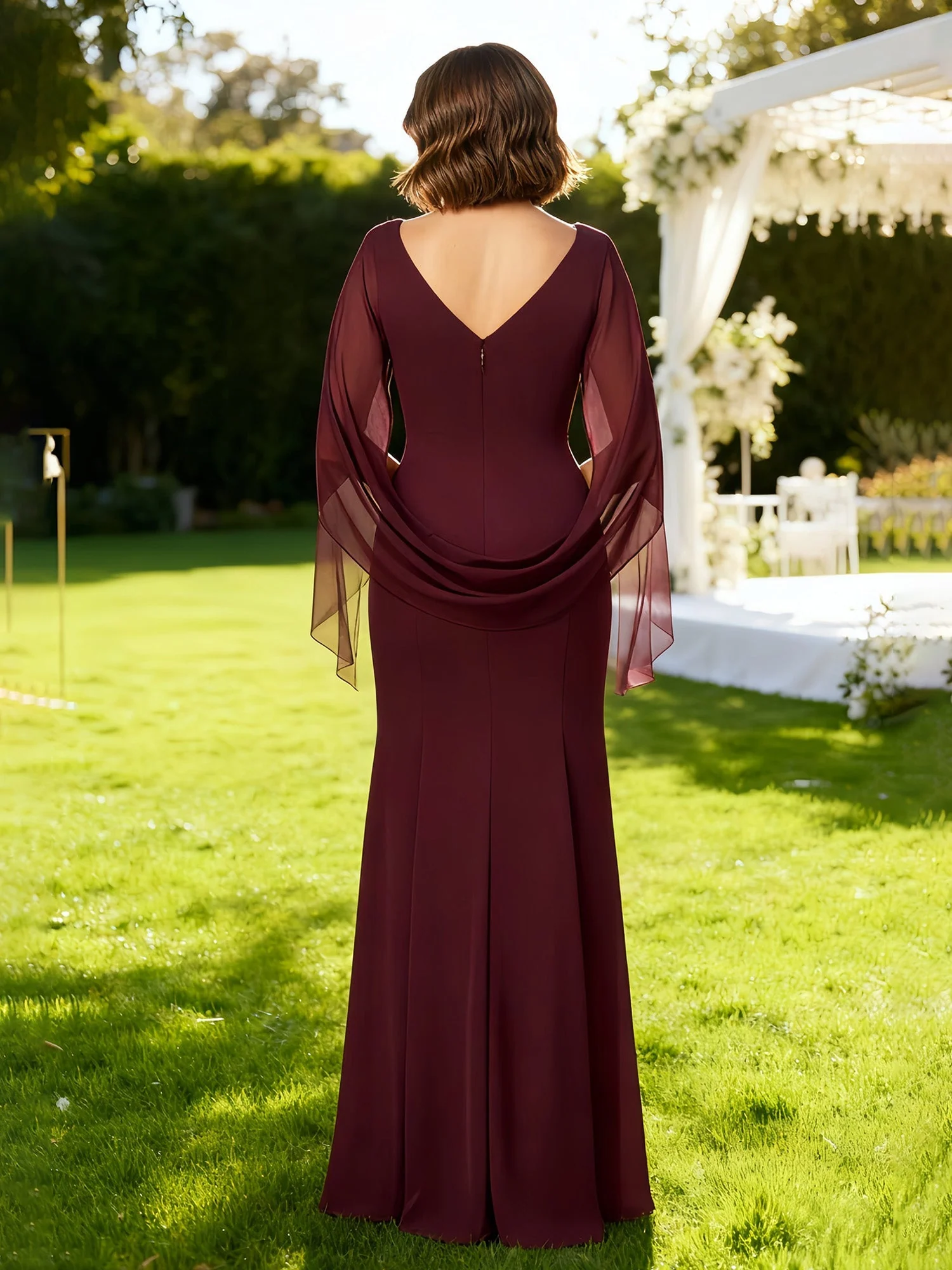 Bateau Ausschnitt Cap Bodenlang Kleid Braun - Image 2