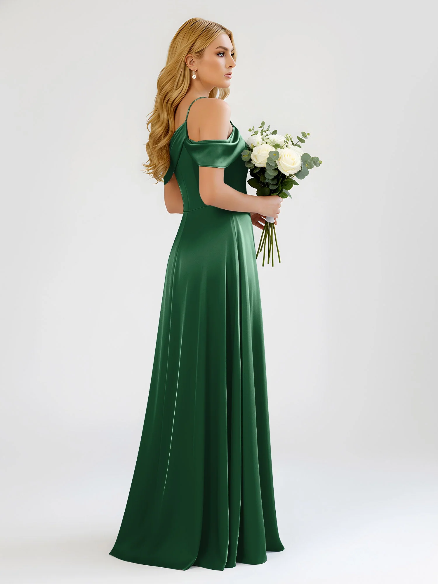 Eine Schulter Draperierung Satin Schlitz A-Linie Kleid Dunkelgrün - Image 2