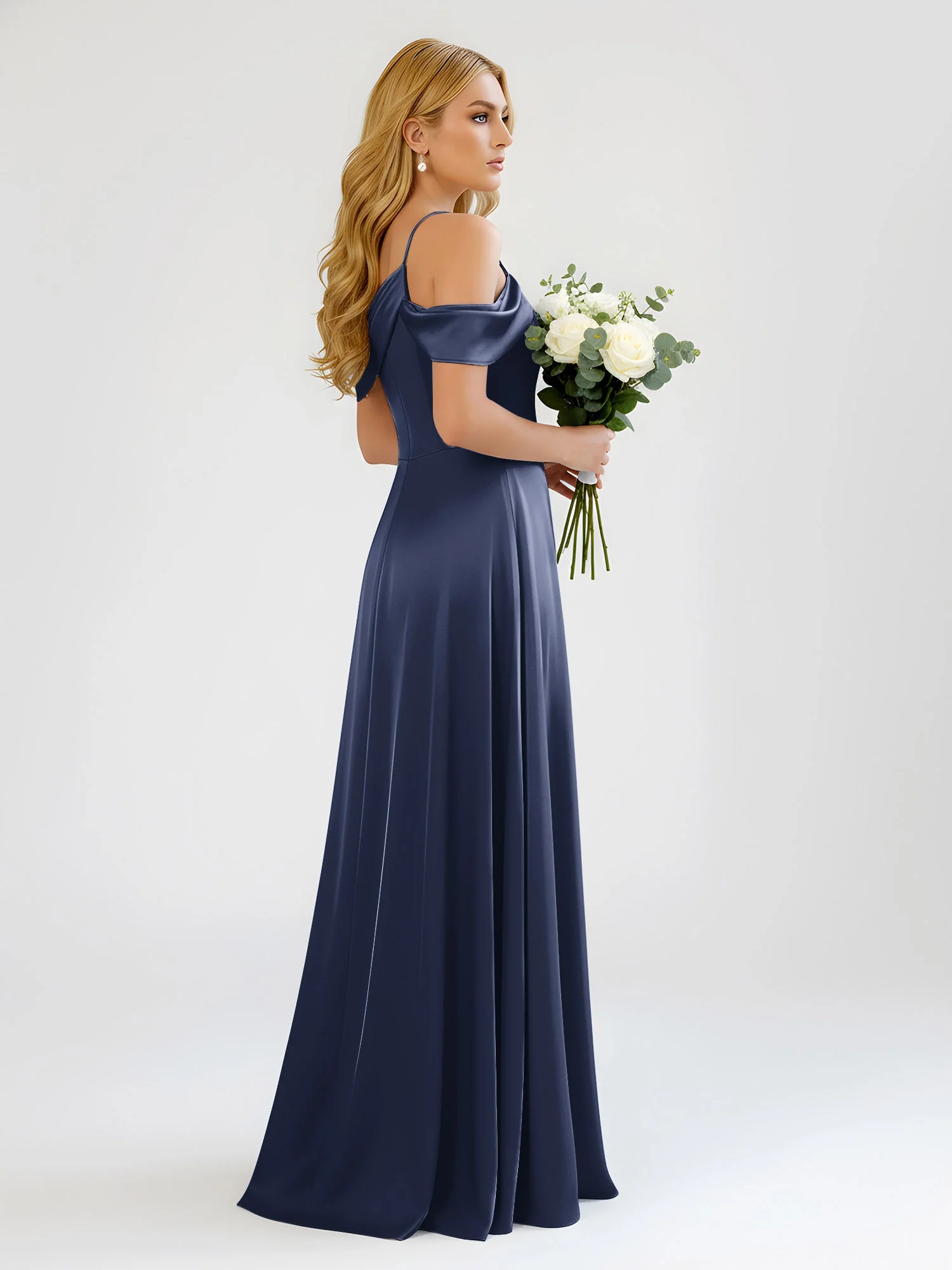 Eine Schulter Draperierung Satin Schlitz A-Linie Kleid Dunkelmarine - Image 2