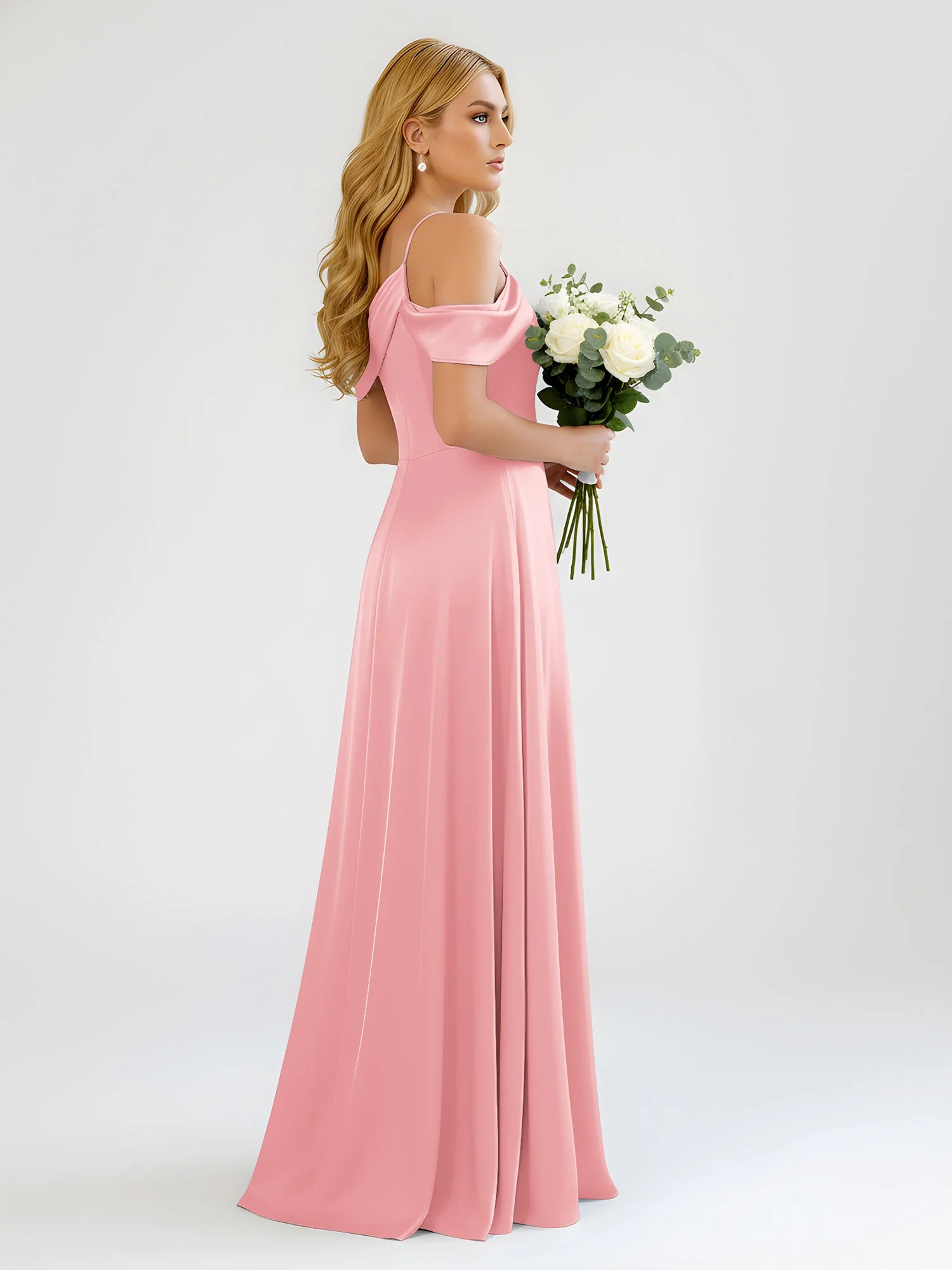 Eine Schulter Draperierung Satin Schlitz A-Linie Kleid Flamingo - Image 2