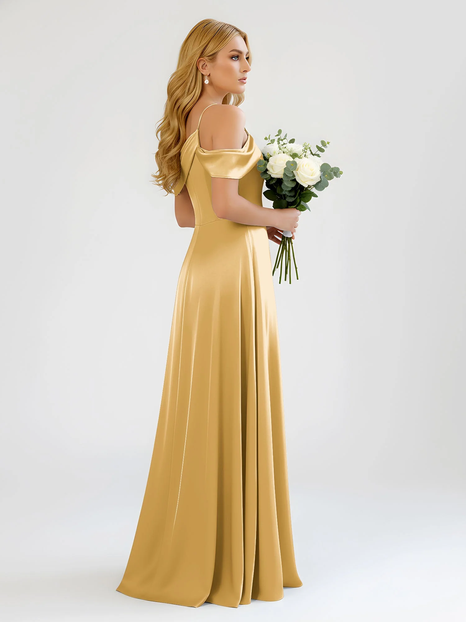 Eine Schulter Draperierung Satin Schlitz A-Linie Kleid Gold - Image 2
