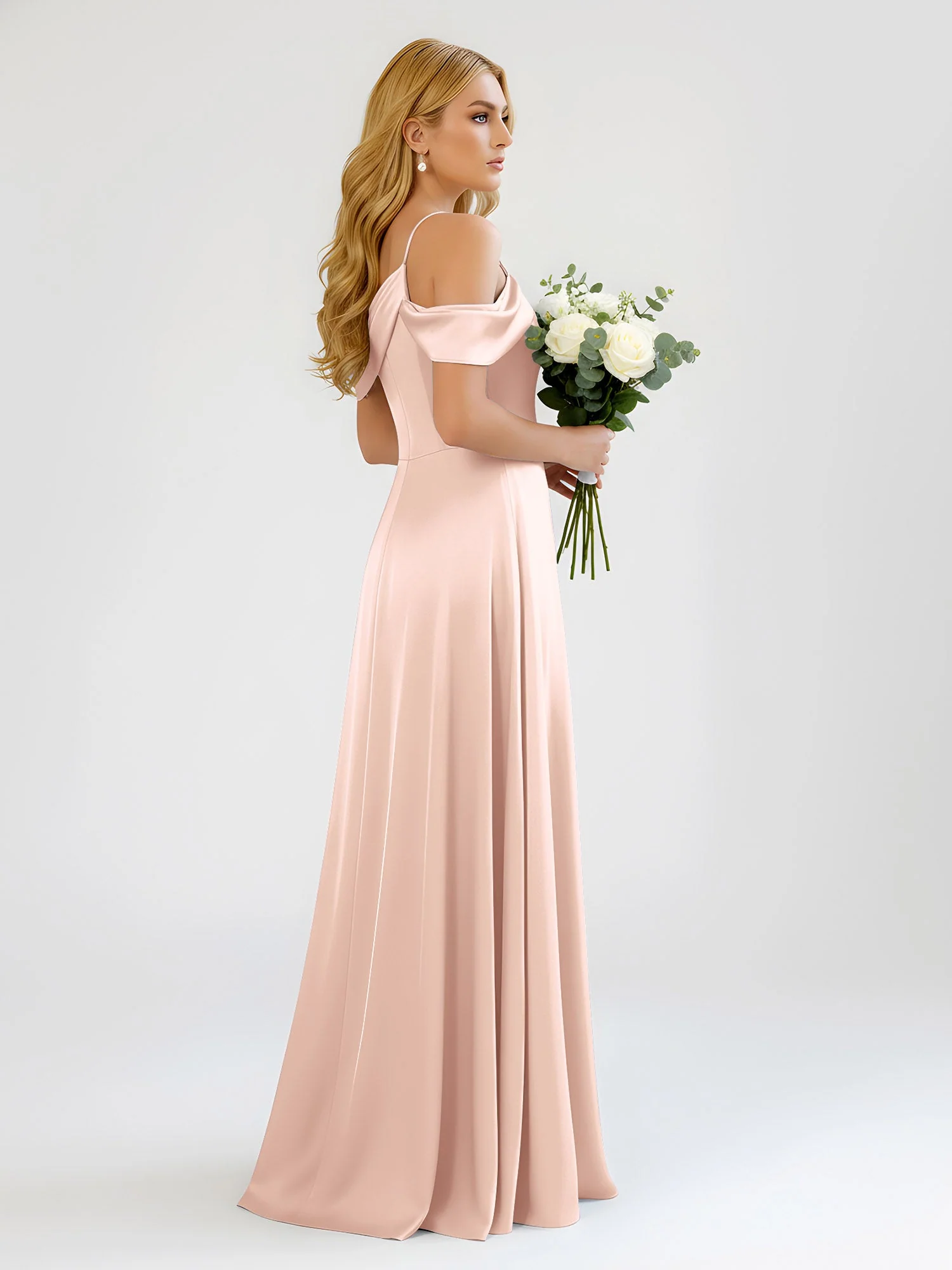 Eine Schulter Draperierung Satin Schlitz A-Linie Kleid Perlrosa - Image 2