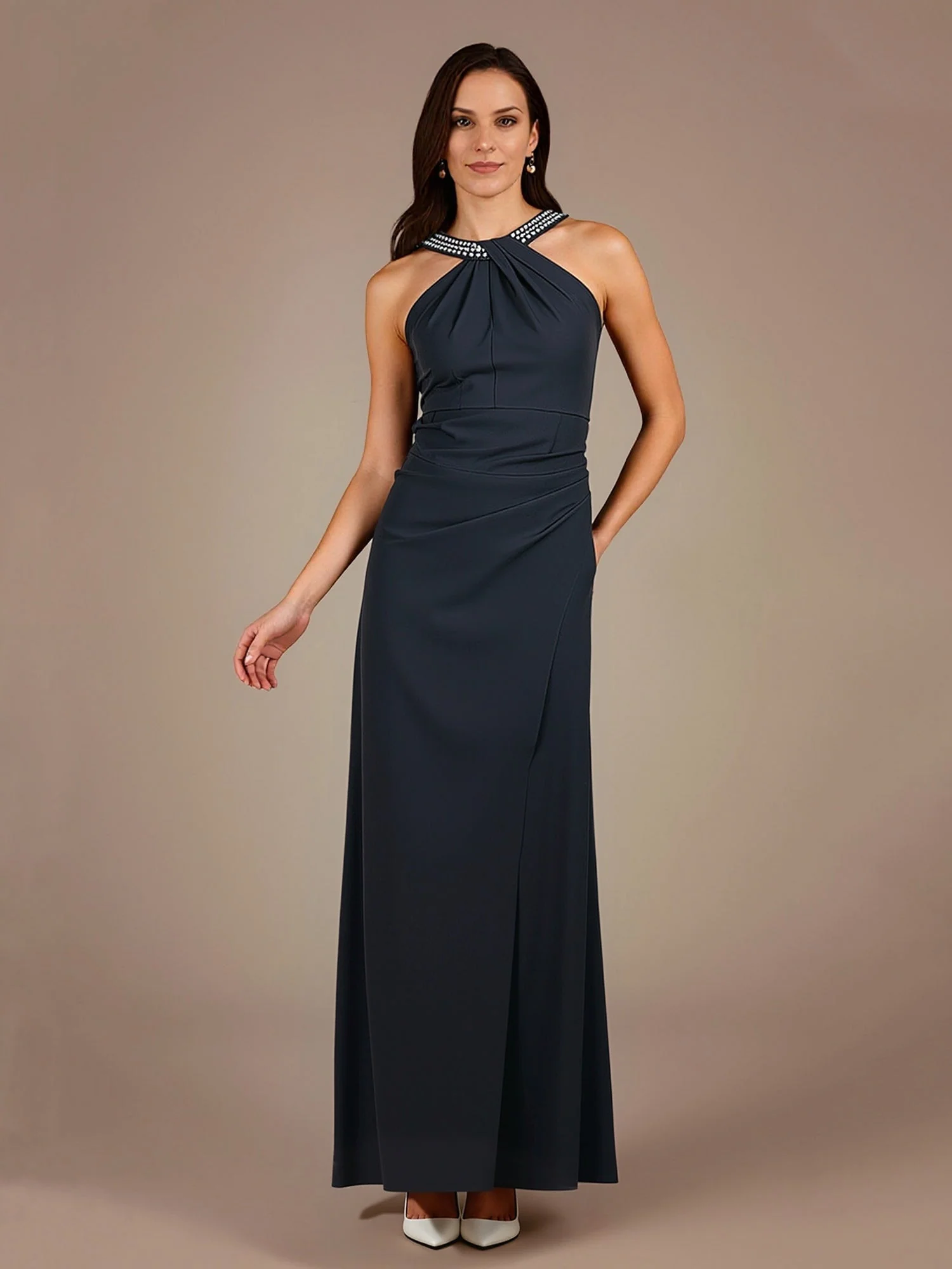 Perlen Halshalter Plissee Etui Lang Kleid Stahlgrau - Image 3