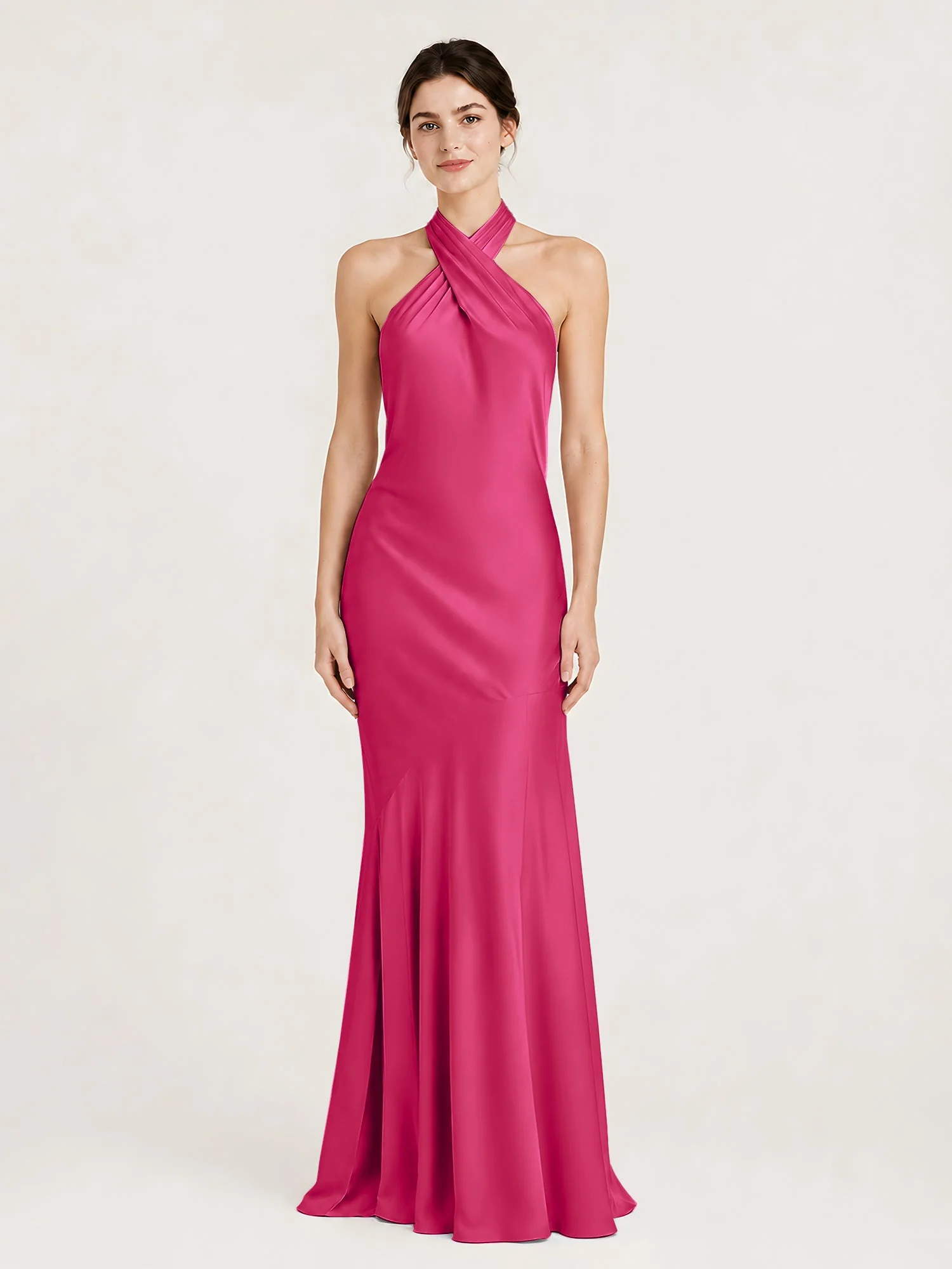 Bodenlanges Neckholder Kleid mit Ausgestelltem Meerjungfrau Saum Fuchsia