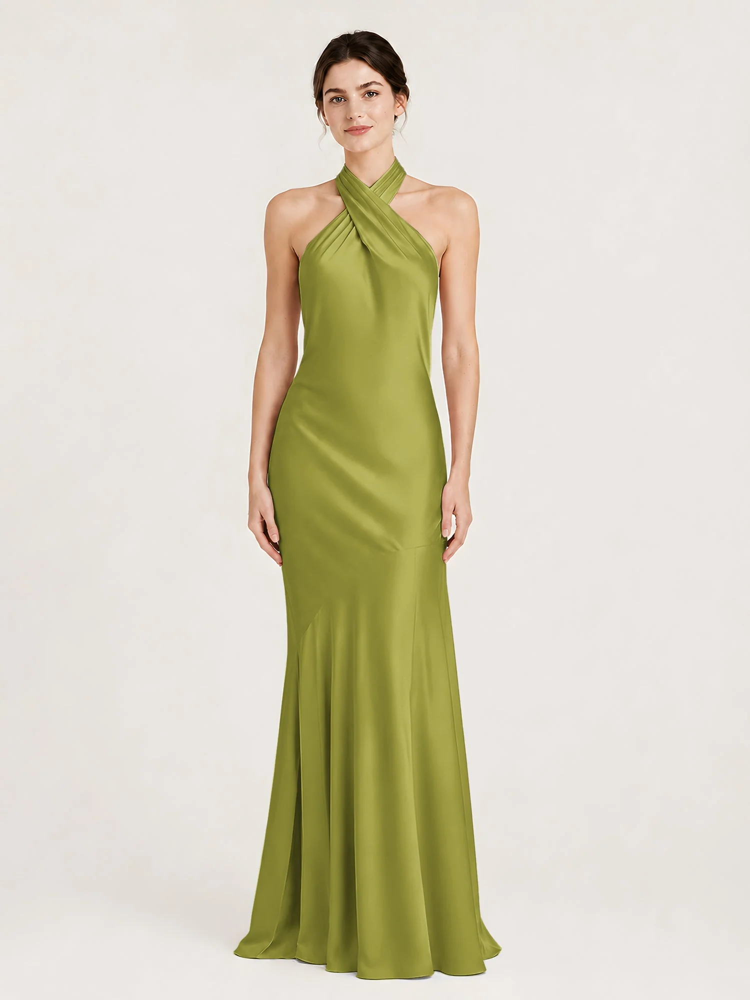 Bodenlanges Neckholder Kleid mit Ausgestelltem Meerjungfrau Saum Kleegrün