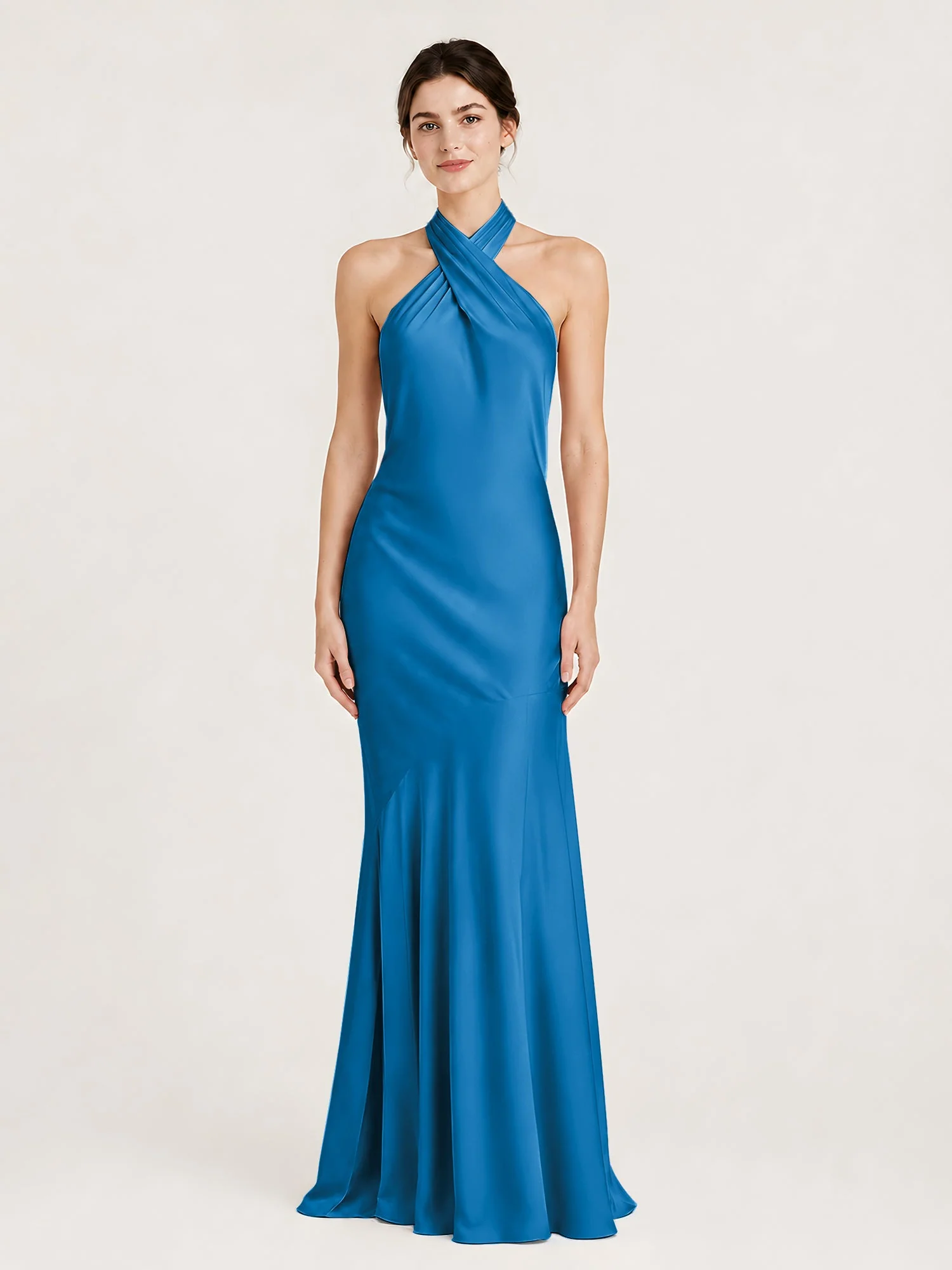 Bodenlanges Neckholder Kleid mit Ausgestelltem Meerjungfrau Saum Meerblau