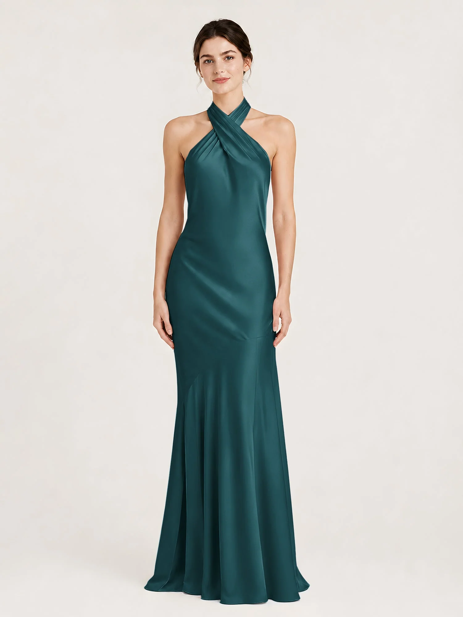 Bodenlanges Neckholder Kleid mit Ausgestelltem Meerjungfrau Saum Pfau