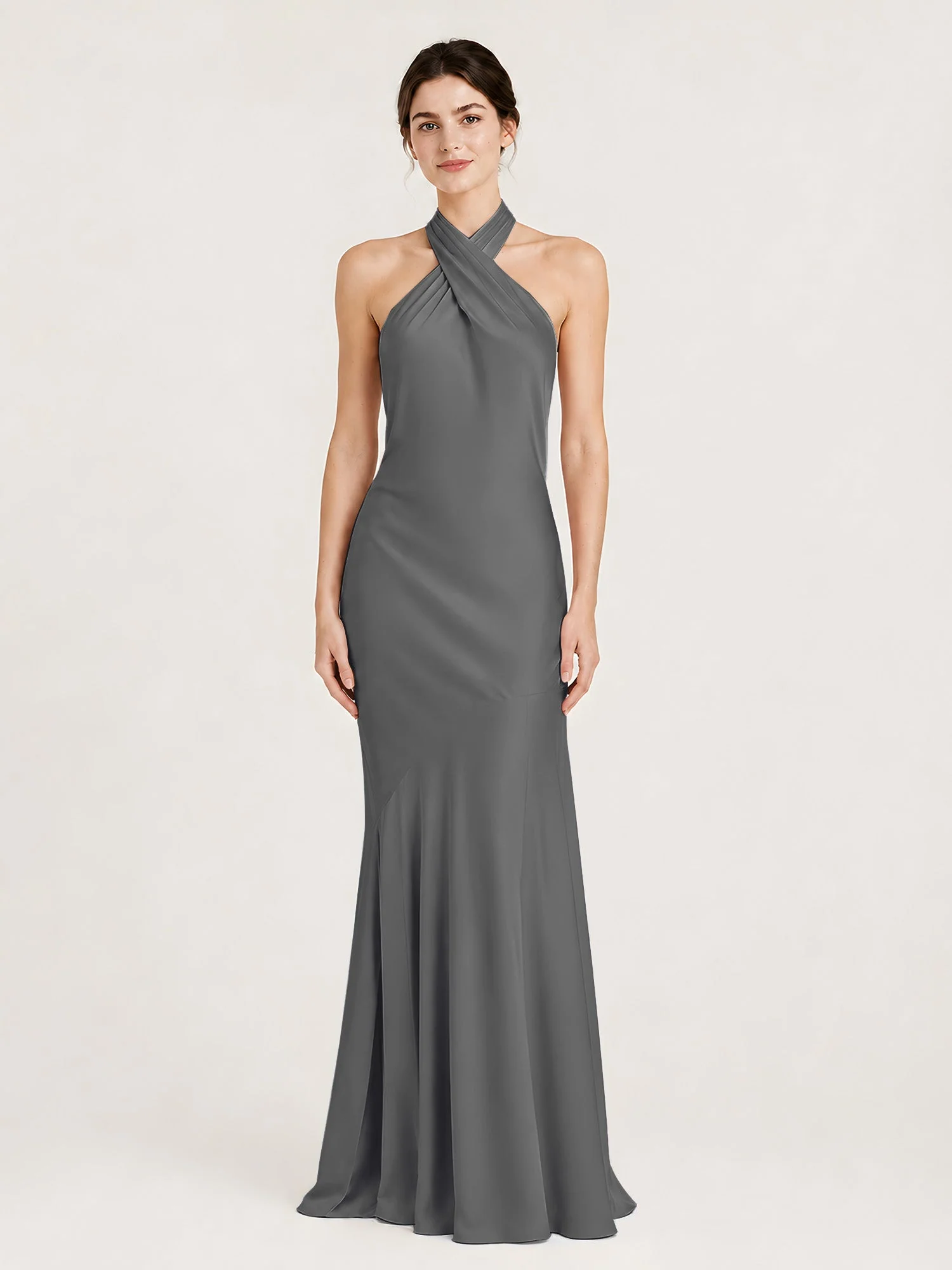 Bodenlanges Neckholder Kleid mit Ausgestelltem Meerjungfrau Saum Stahlgrau