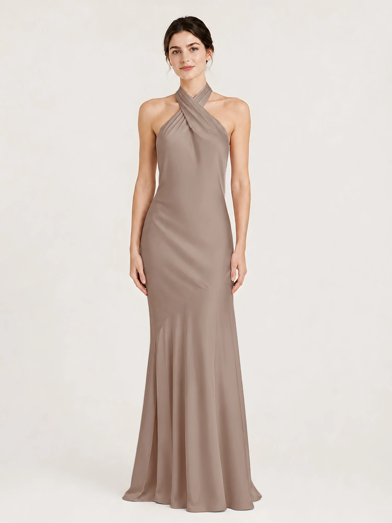 Bodenlanges Neckholder Kleid mit Ausgestelltem Meerjungfrau Saum Taupe