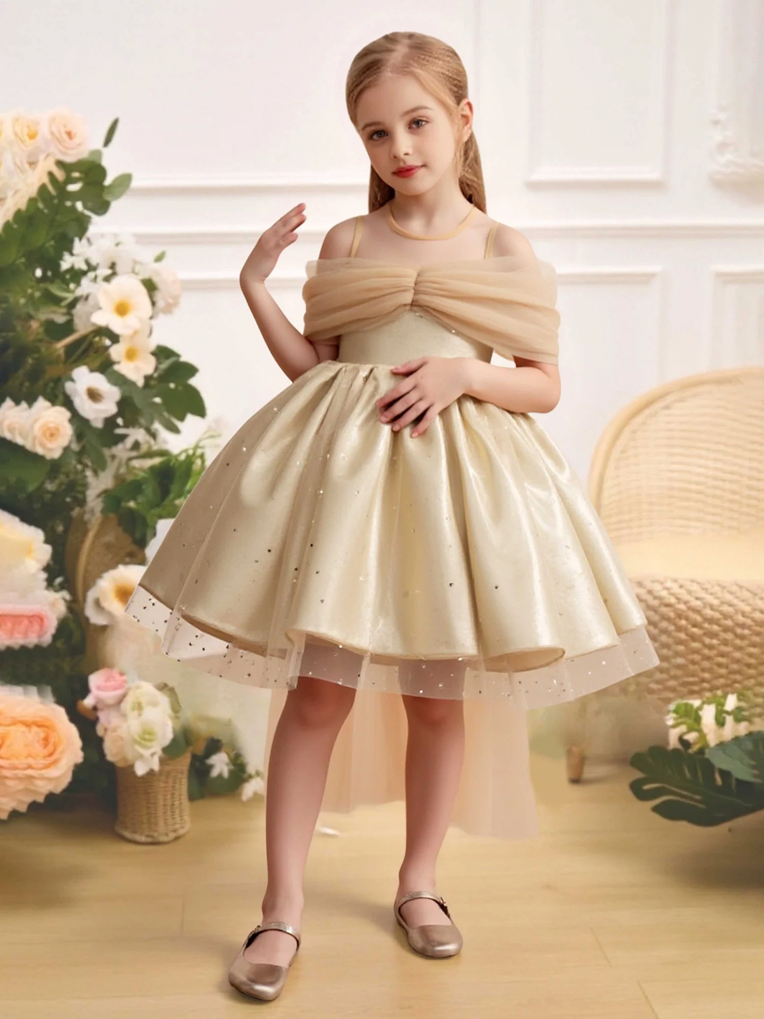 Schulterfrei Tüll Schleife Hoch-Niedrig Blumenmädchen Kleid Champagner