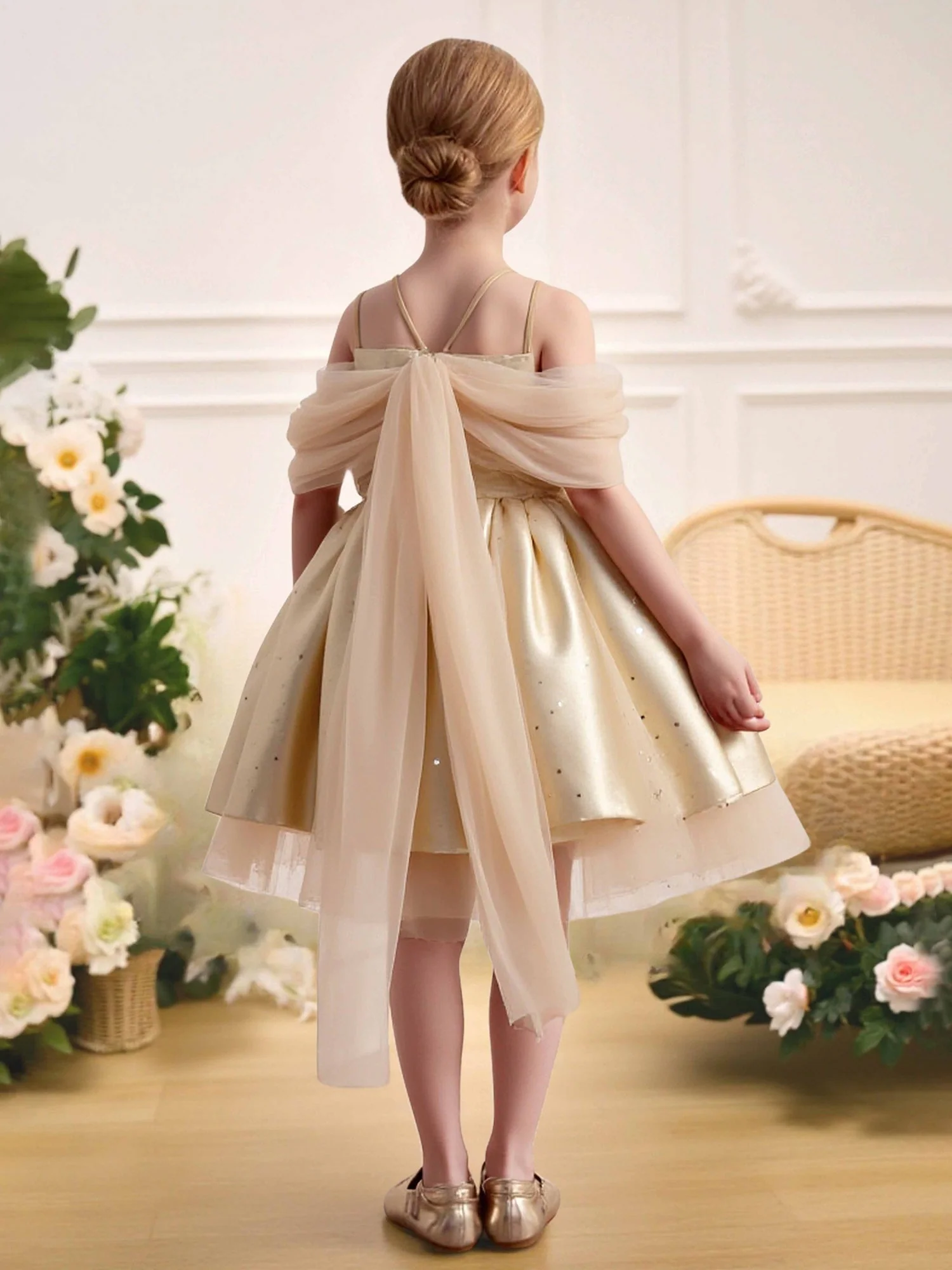Schulterfrei Tüll Schleife Hoch-Niedrig Blumenmädchen Kleid Champagner - Image 2