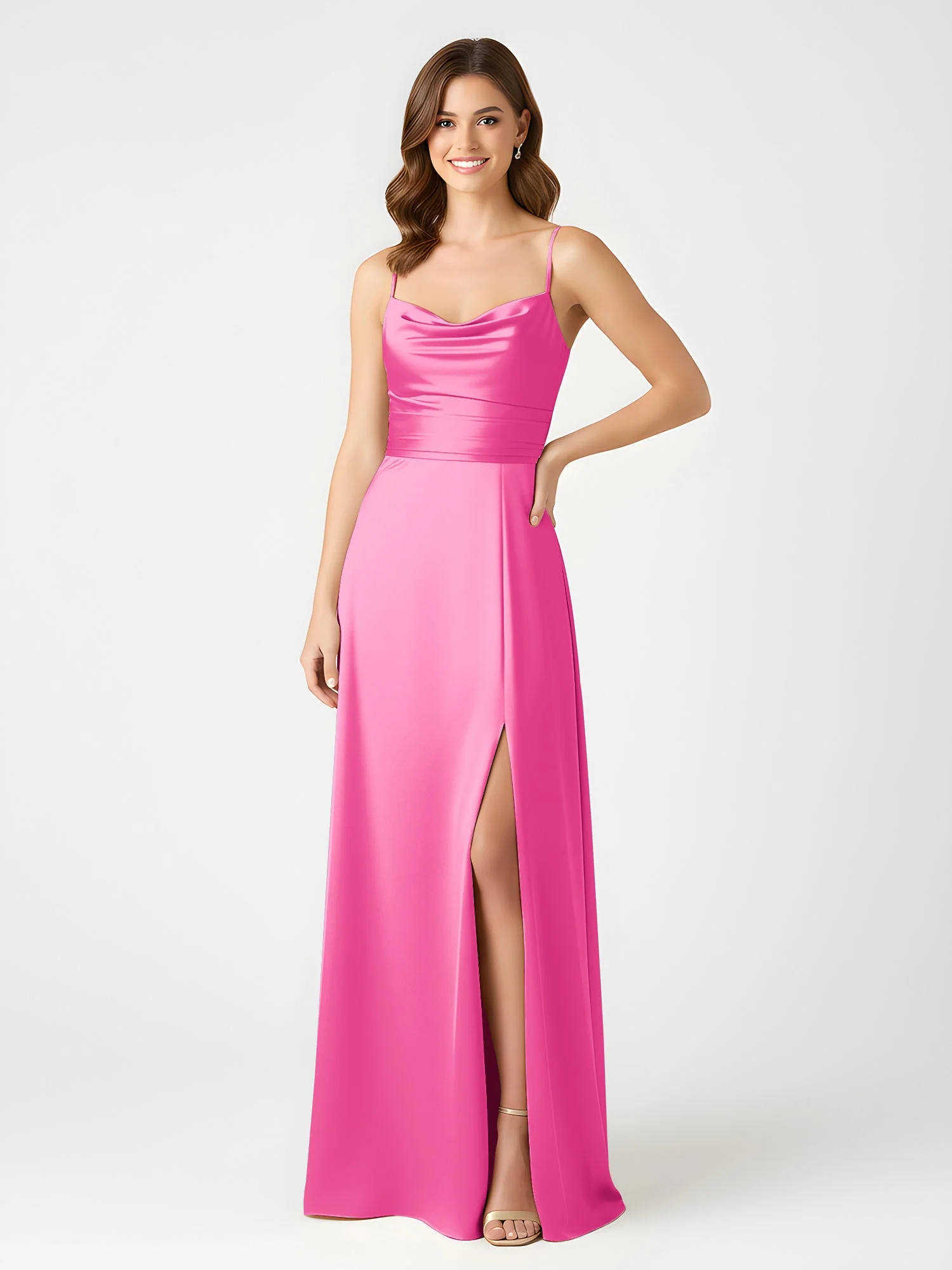 Cowl Ausschnitt Spaghettiträger Satin Kleid mit Schlitz Azalee - Image 3