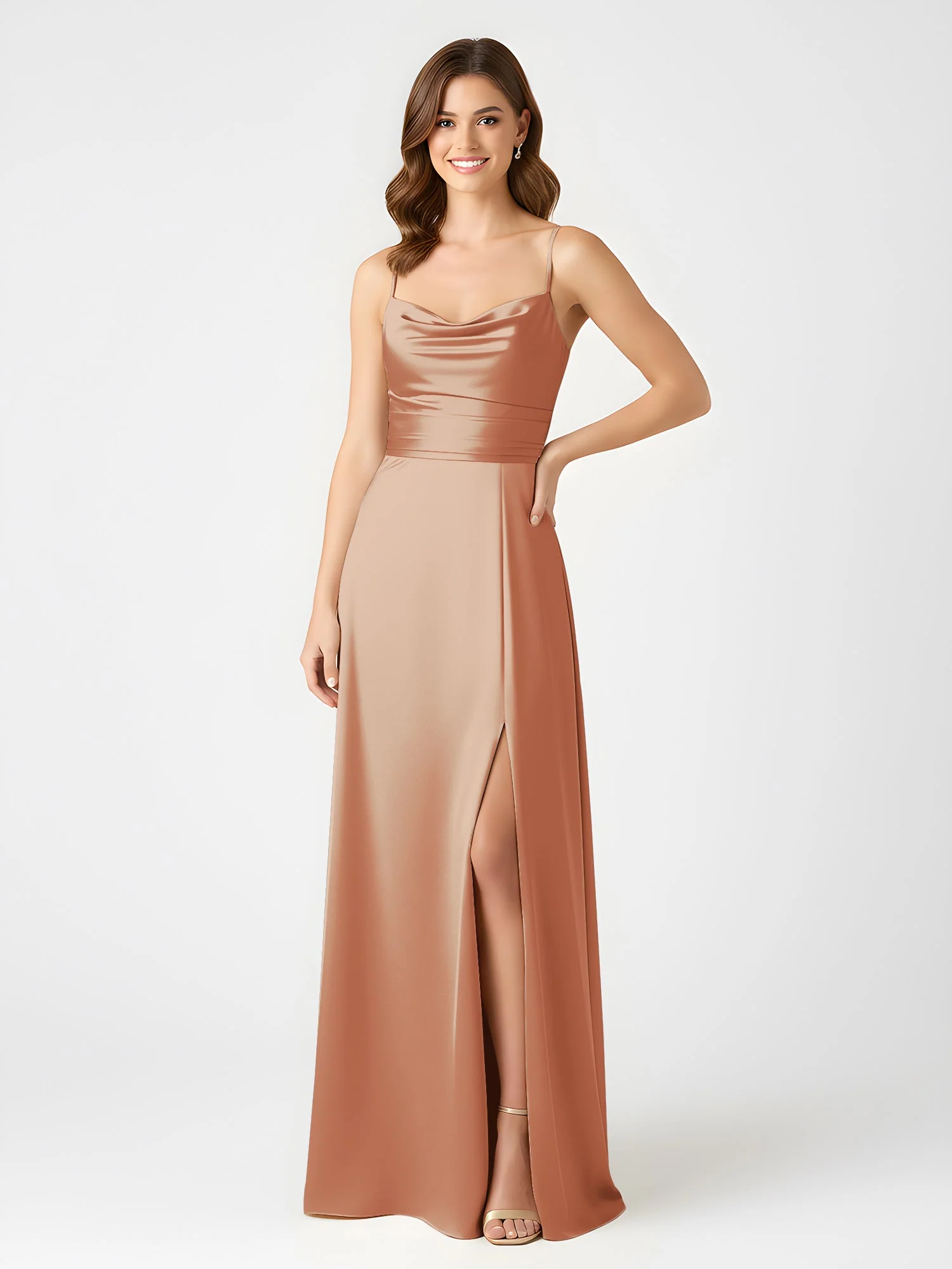 Cowl Ausschnitt Spaghettiträger Satin Kleid mit Schlitz Bronzer - Image 3