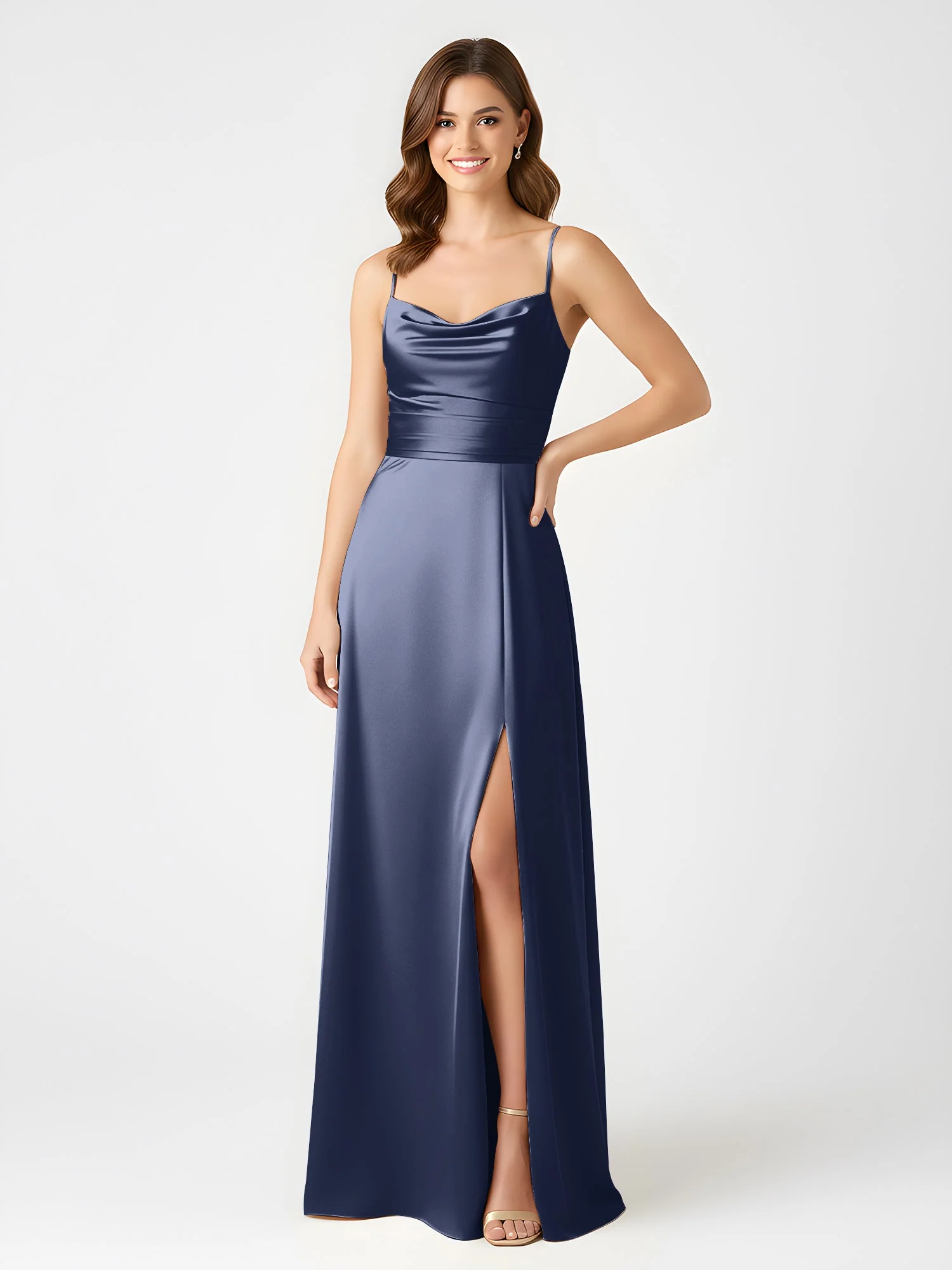 Cowl Ausschnitt Spaghettiträger Satin Kleid mit Schlitz Dunkelmarine - Image 3