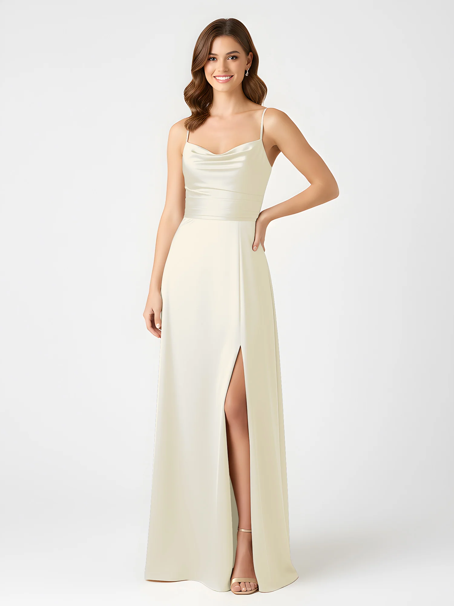 Cowl Ausschnitt Spaghettiträger Satin Kleid mit Schlitz Elfenbein - Image 3