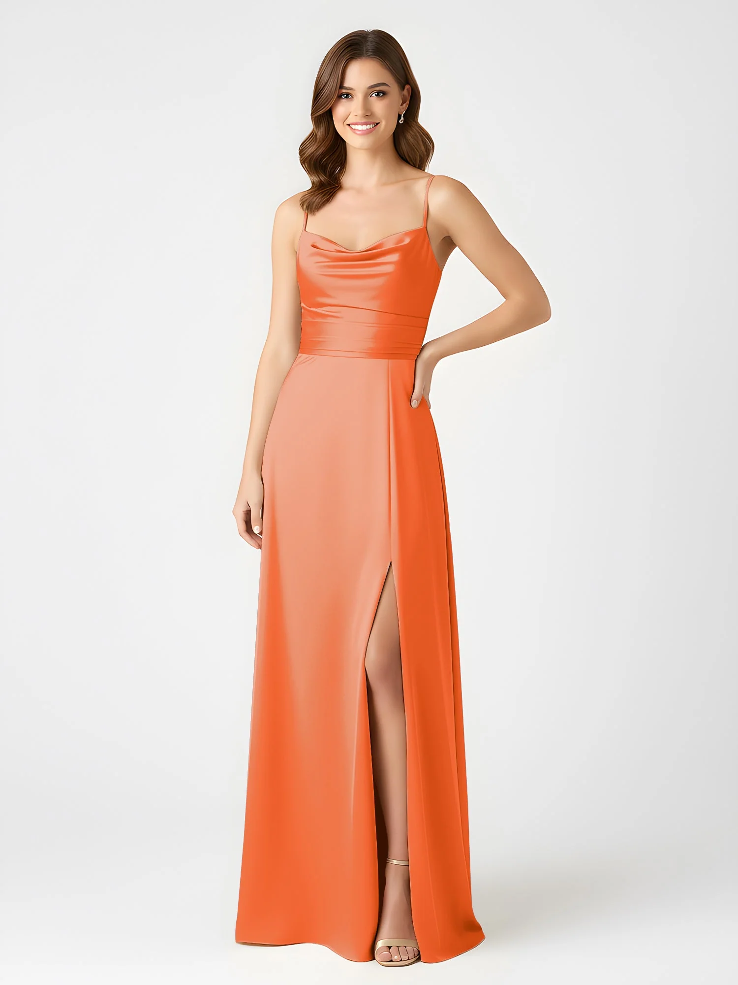 Cowl Ausschnitt Spaghettiträger Satin Kleid mit Schlitz Gebrannte Orange - Image 3