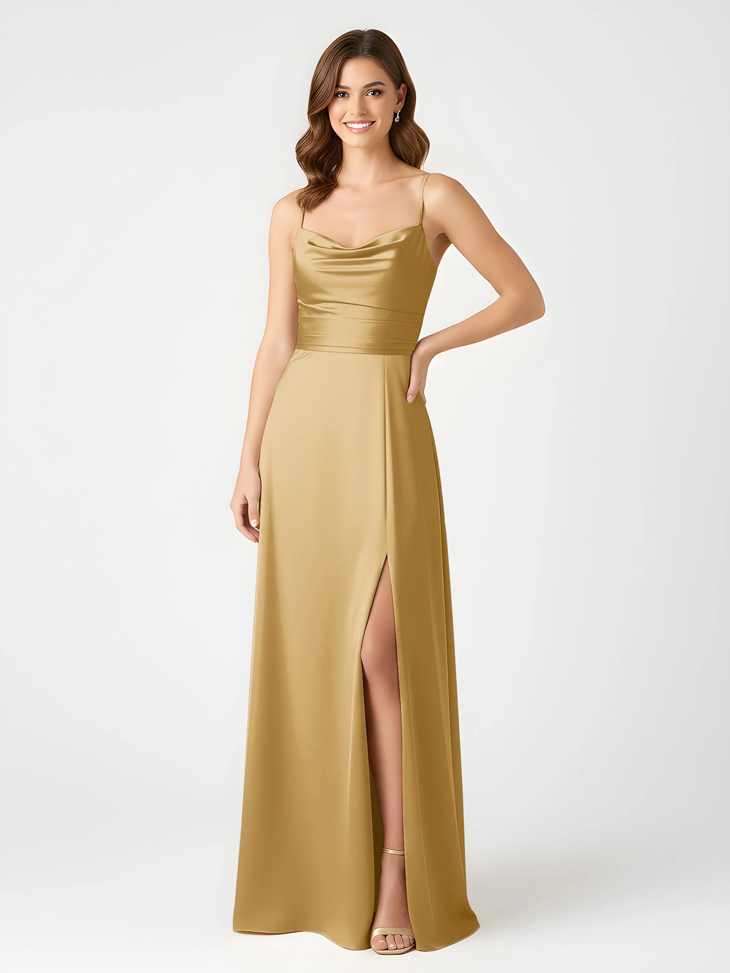 Cowl Ausschnitt Spaghettiträger Satin Kleid mit Schlitz Gold - Image 3