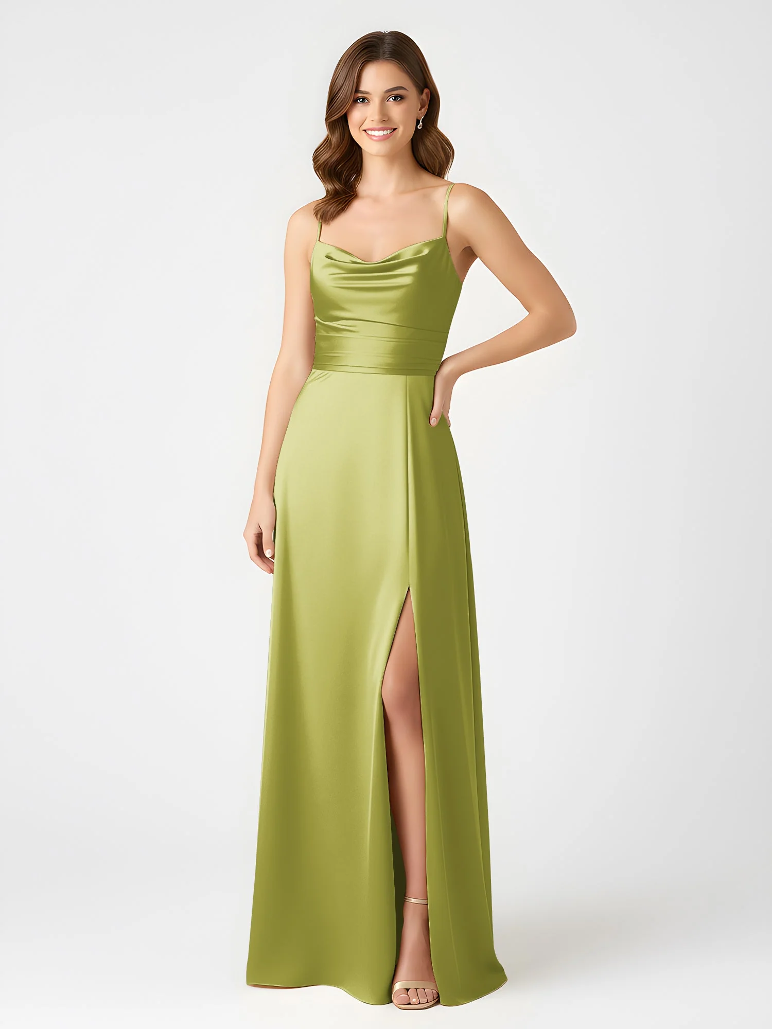 Cowl Ausschnitt Spaghettiträger Satin Kleid mit Schlitz Kleegrün - Image 3