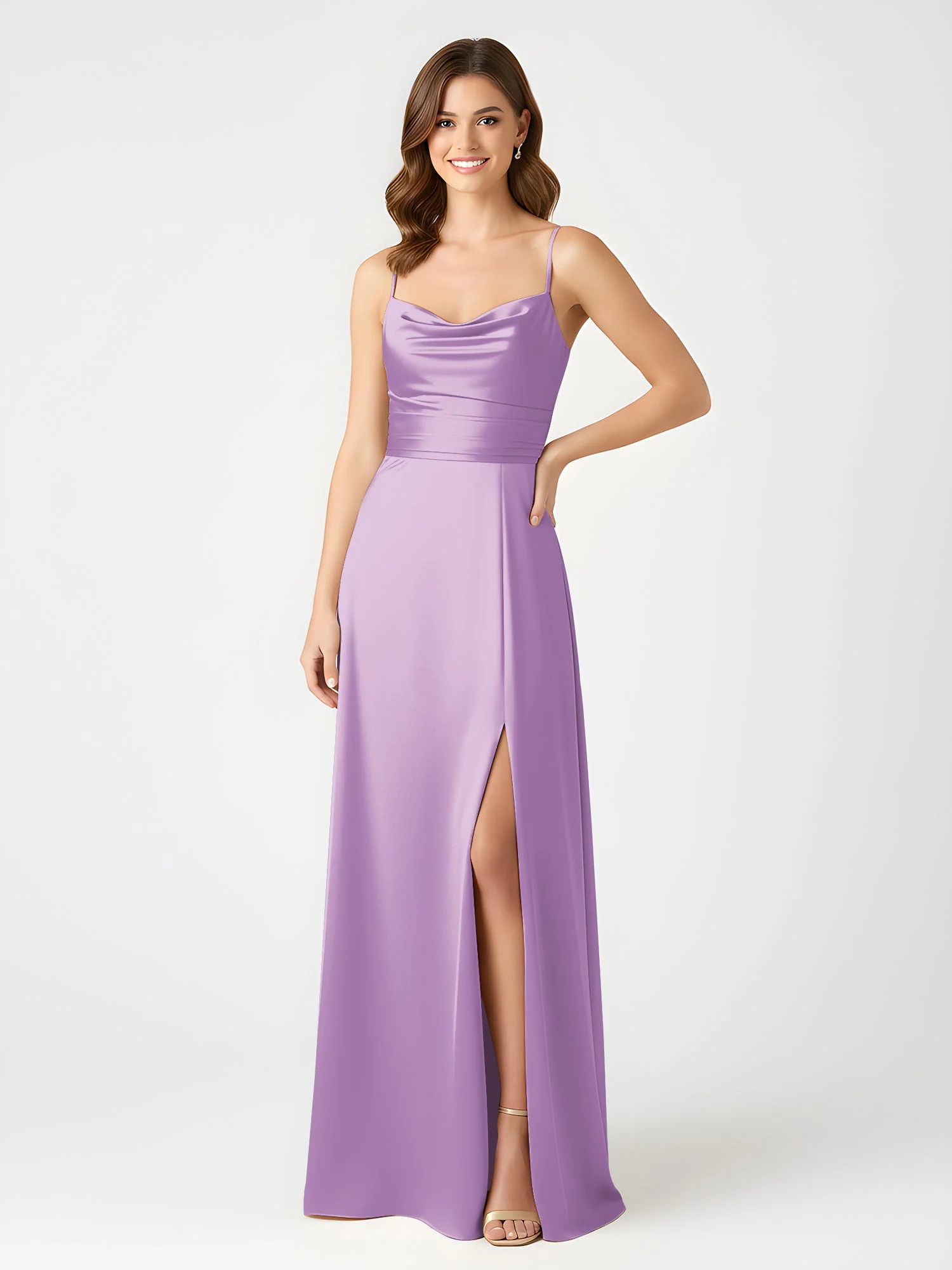Cowl Ausschnitt Spaghettiträger Satin Kleid mit Schlitz Lila - Image 3