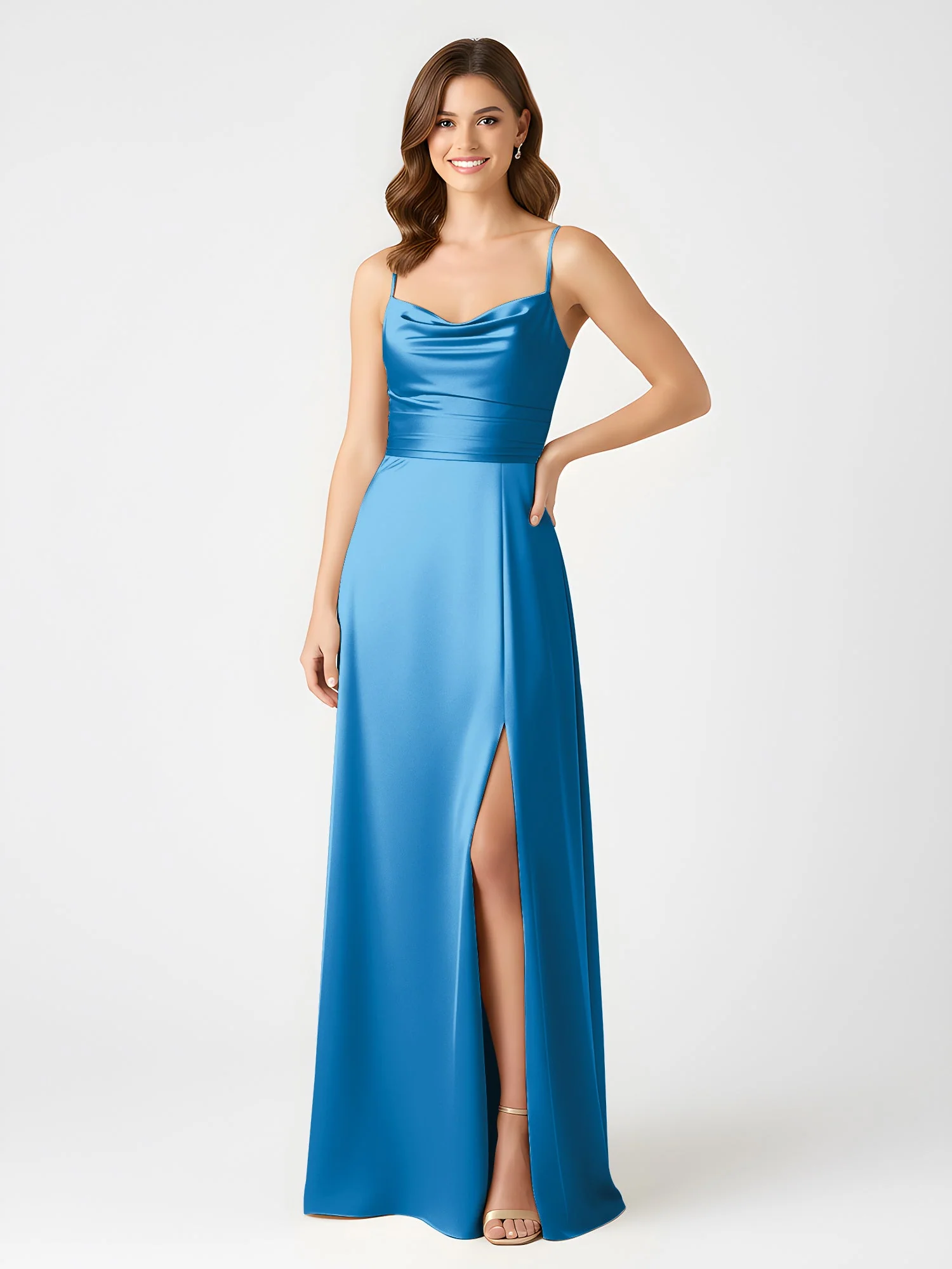 Cowl Ausschnitt Spaghettiträger Satin Kleid mit Schlitz Meerblau - Image 3