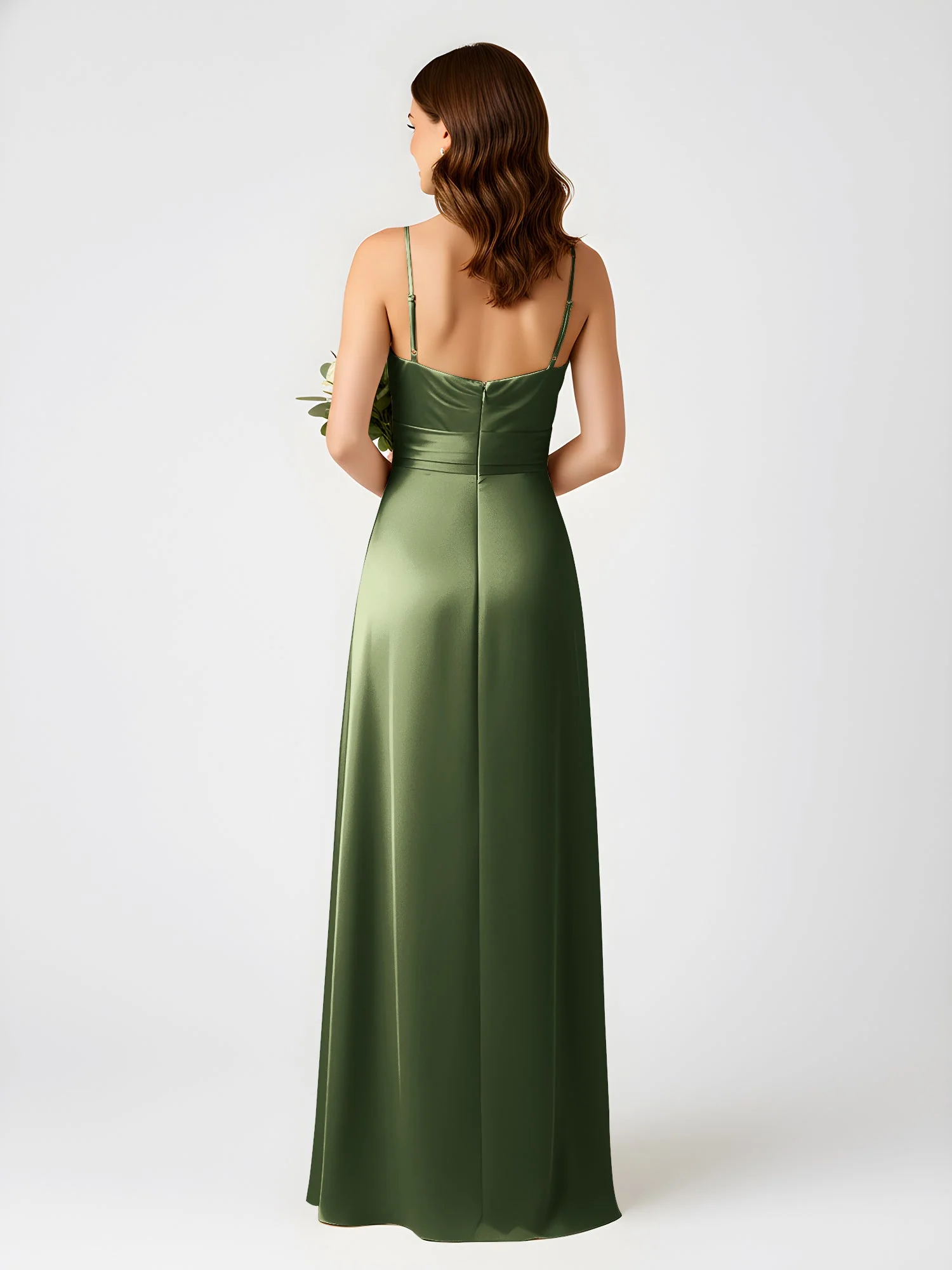 Cowl Ausschnitt Spaghettiträger Satin Kleid mit Schlitz Olivgrün - Image 2