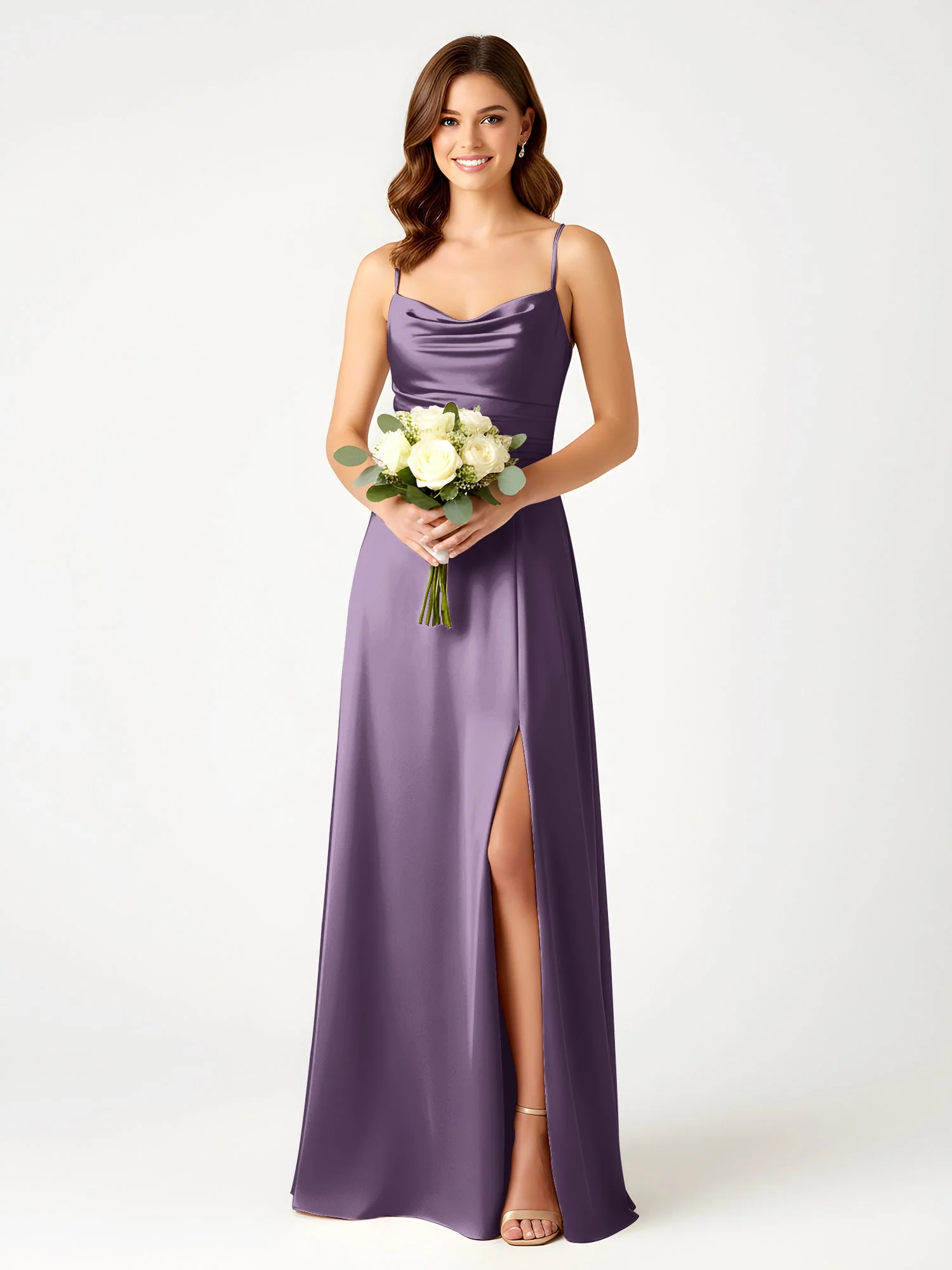 Cowl Ausschnitt Spaghettiträger Satin Kleid mit Schlitz Plum