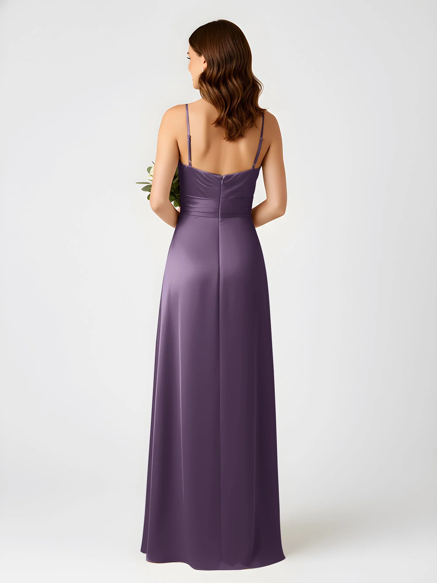 Cowl Ausschnitt Spaghettiträger Satin Kleid mit Schlitz Plum - Image 2