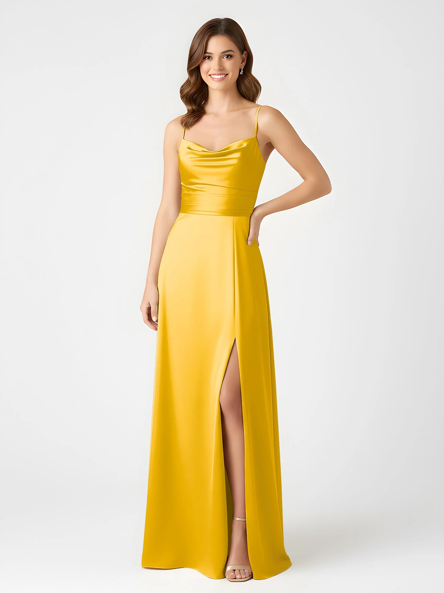 Cowl Ausschnitt Spaghettiträger Satin Kleid mit Schlitz Ringelblume - Image 3
