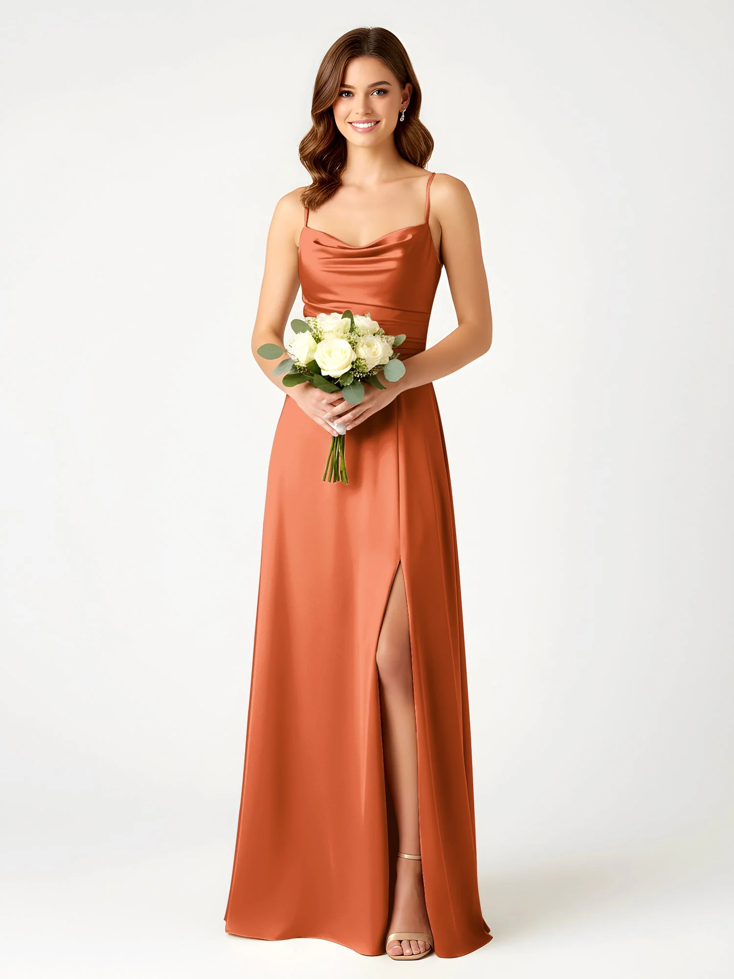 Cowl Ausschnitt Spaghettiträger Satin Kleid mit Schlitz Rost