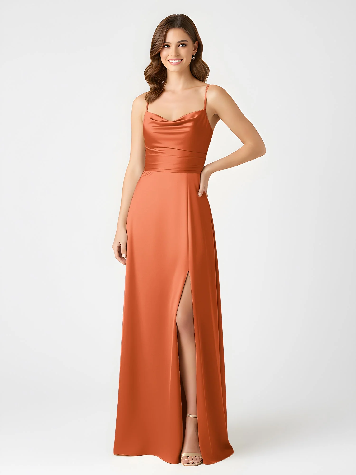 Cowl Ausschnitt Spaghettiträger Satin Kleid mit Schlitz Rost - Image 3