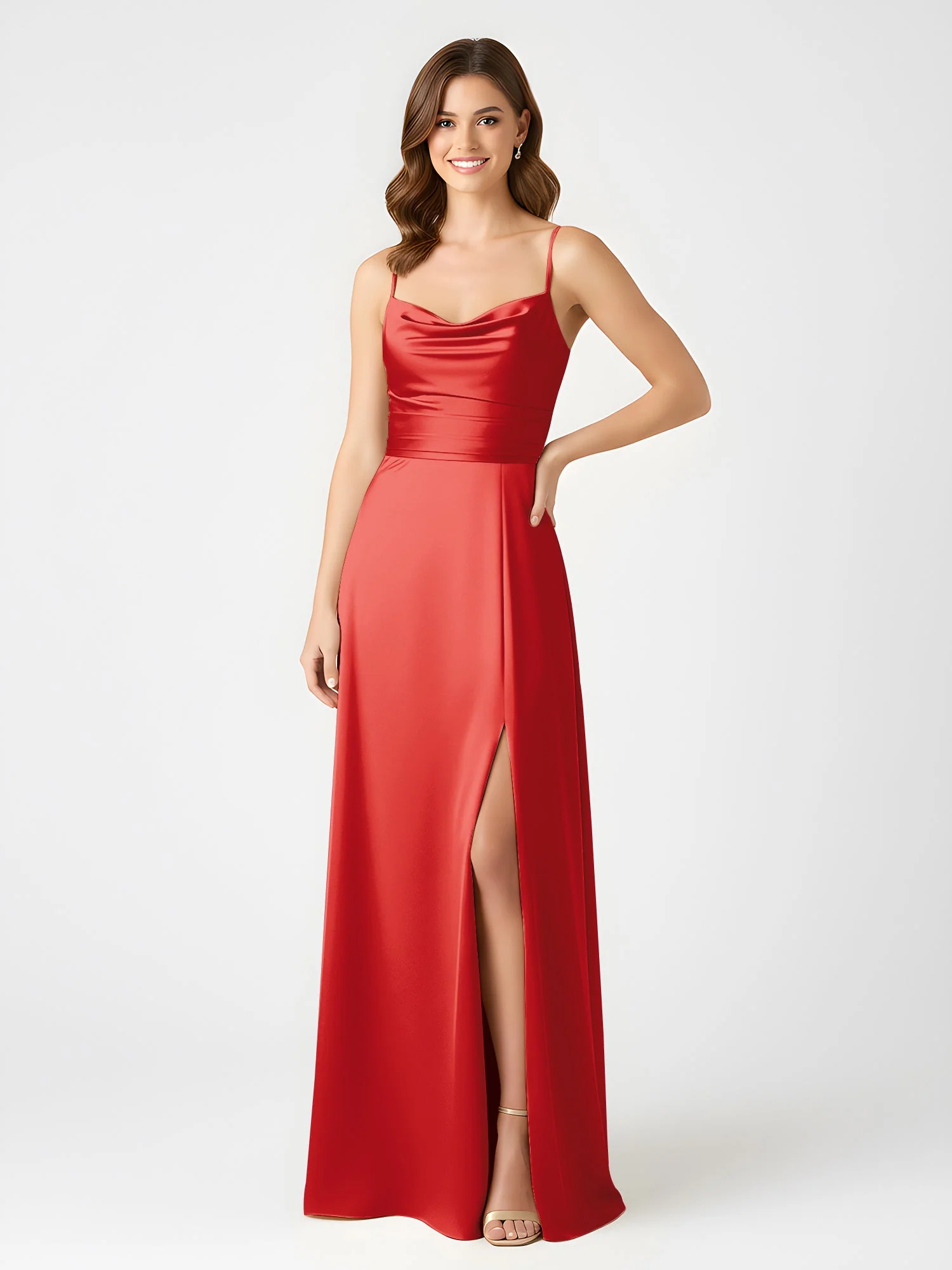 Cowl Ausschnitt Spaghettiträger Satin Kleid mit Schlitz Rot - Image 3
