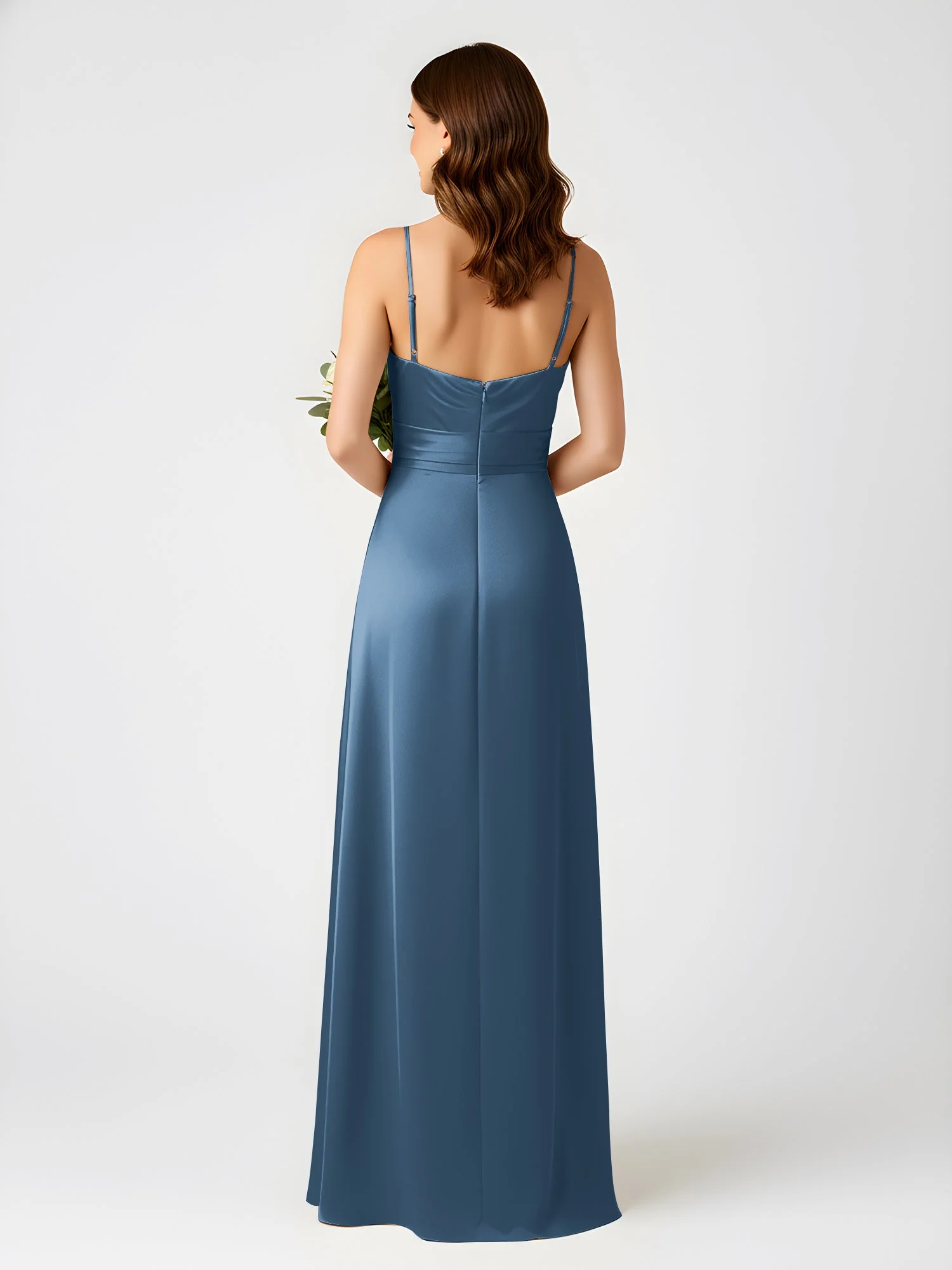 Cowl Ausschnitt Spaghettiträger Satin Kleid mit Schlitz Schiefer Blau - Image 2