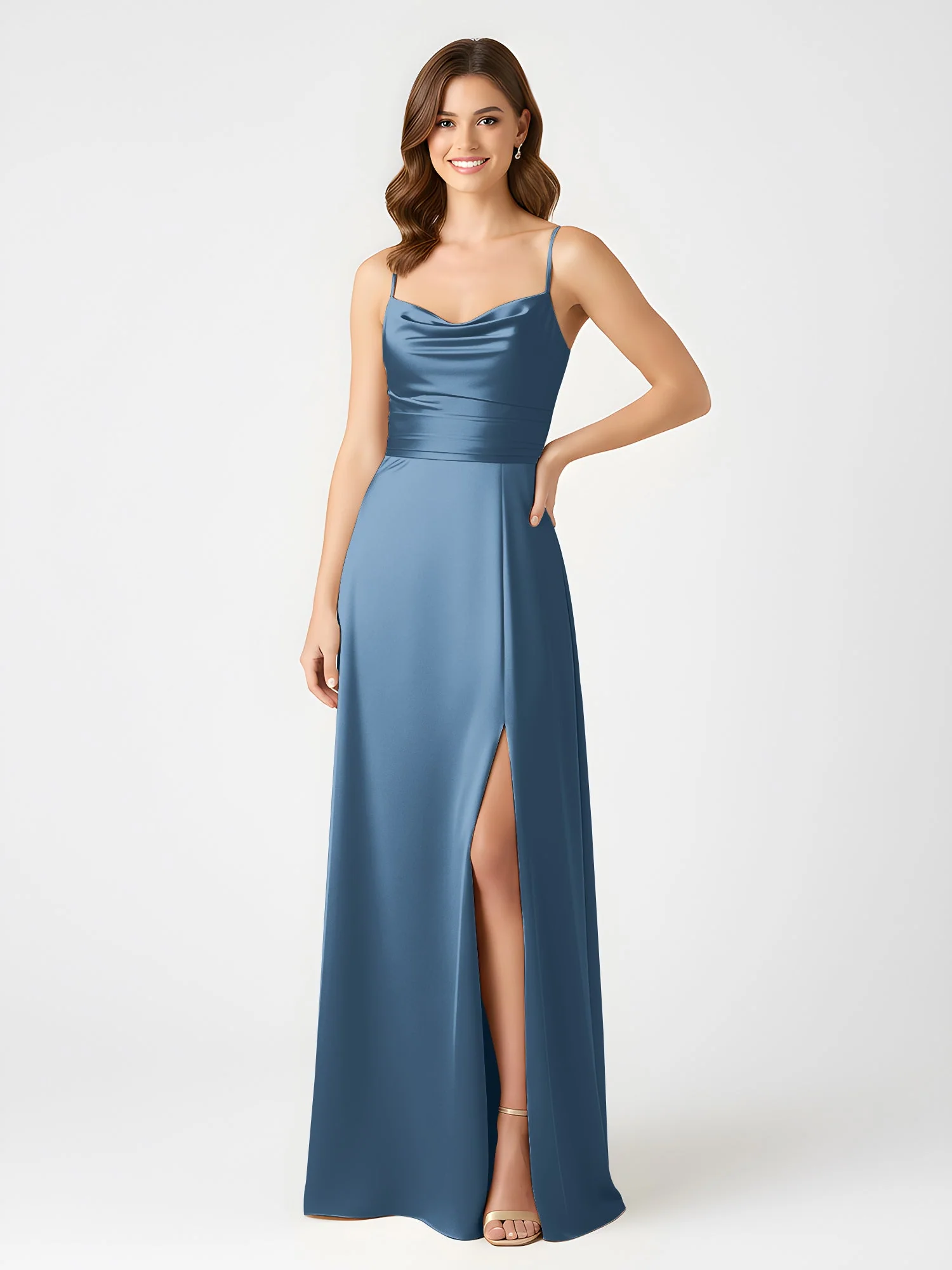 Cowl Ausschnitt Spaghettiträger Satin Kleid mit Schlitz Schiefer Blau - Image 3