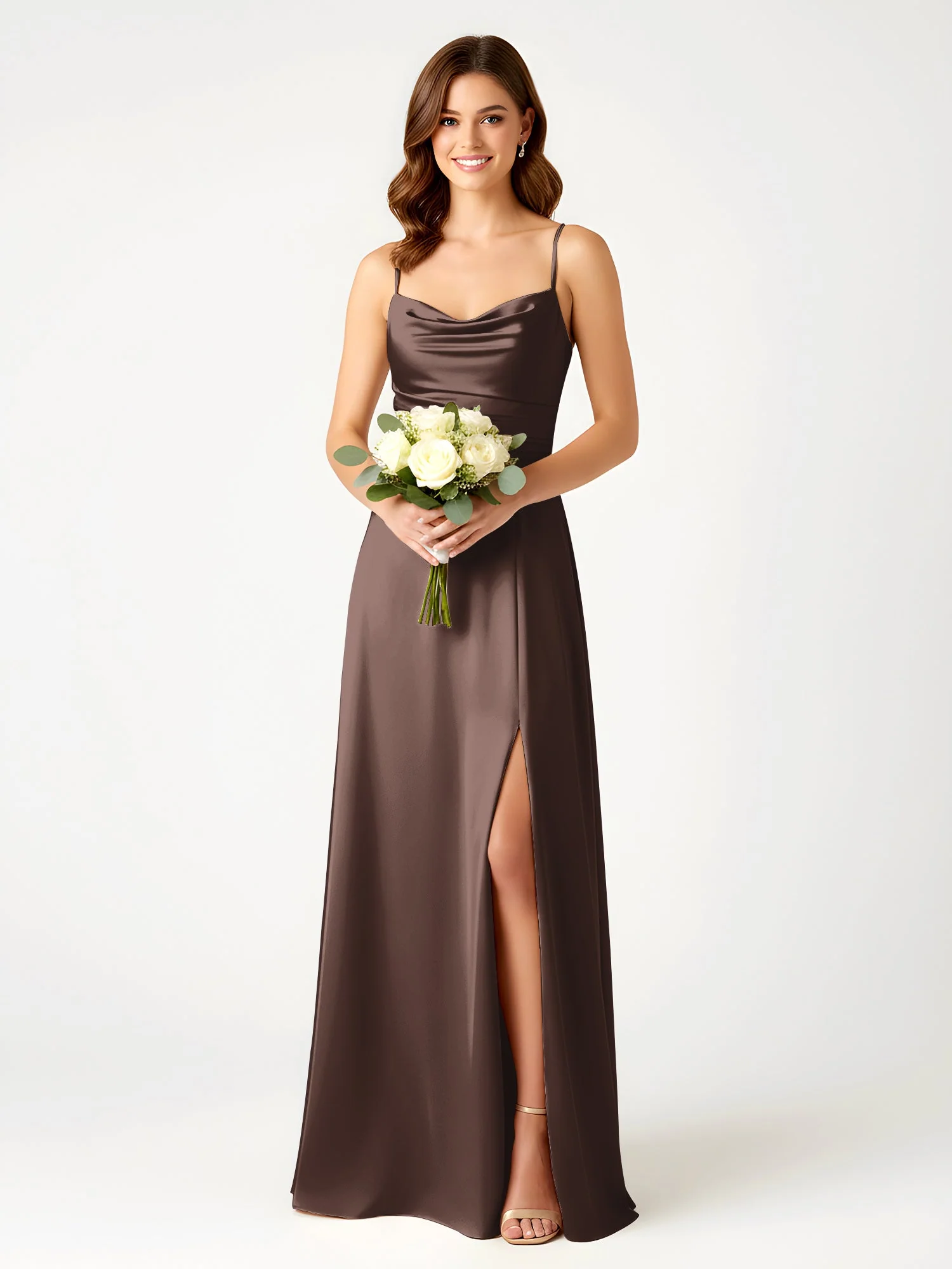 Cowl Ausschnitt Spaghettiträger Satin Kleid mit Schlitz Schokolade