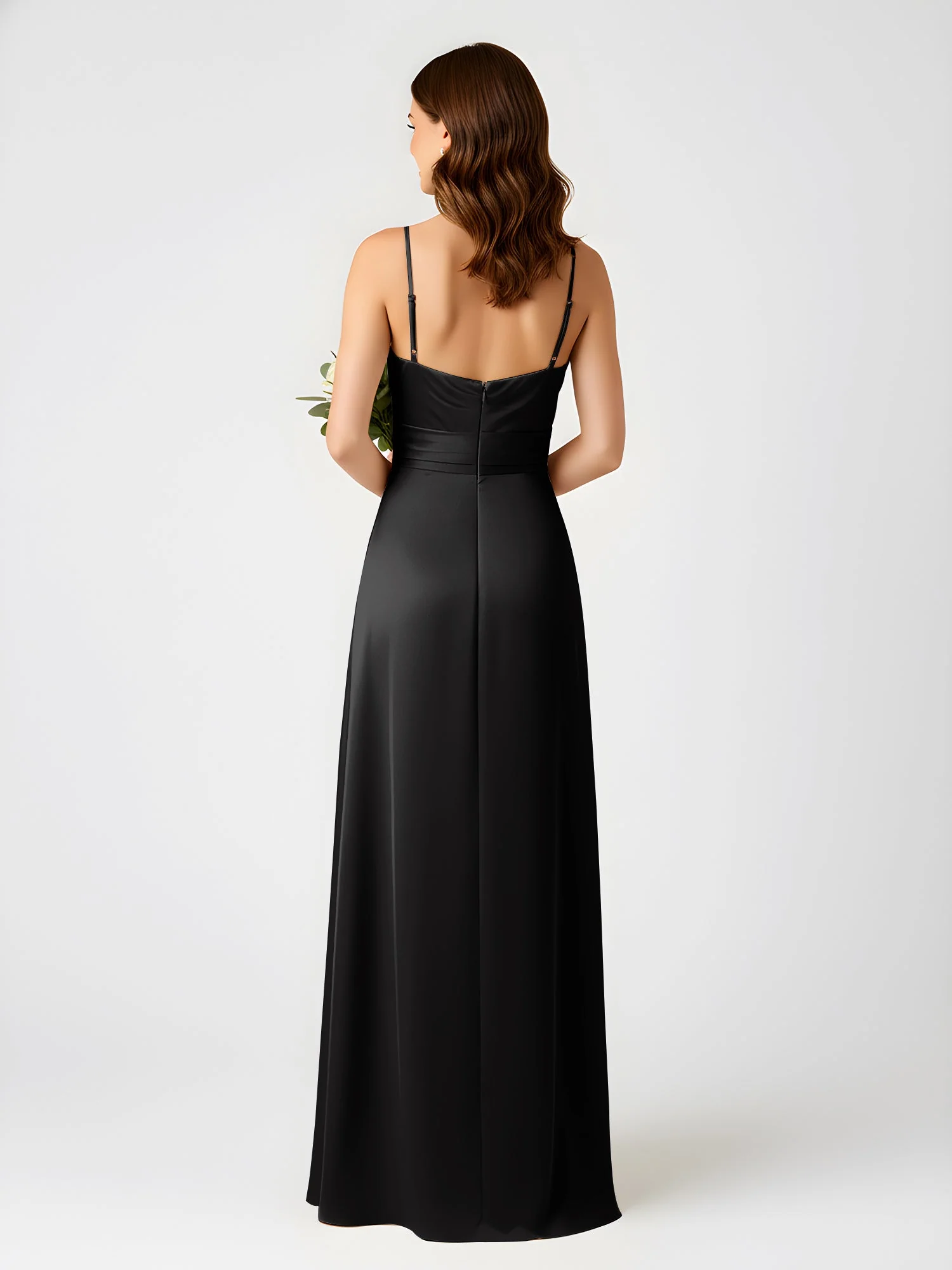 Cowl Ausschnitt Spaghettiträger Satin Kleid mit Schlitz Schwarz - Image 2