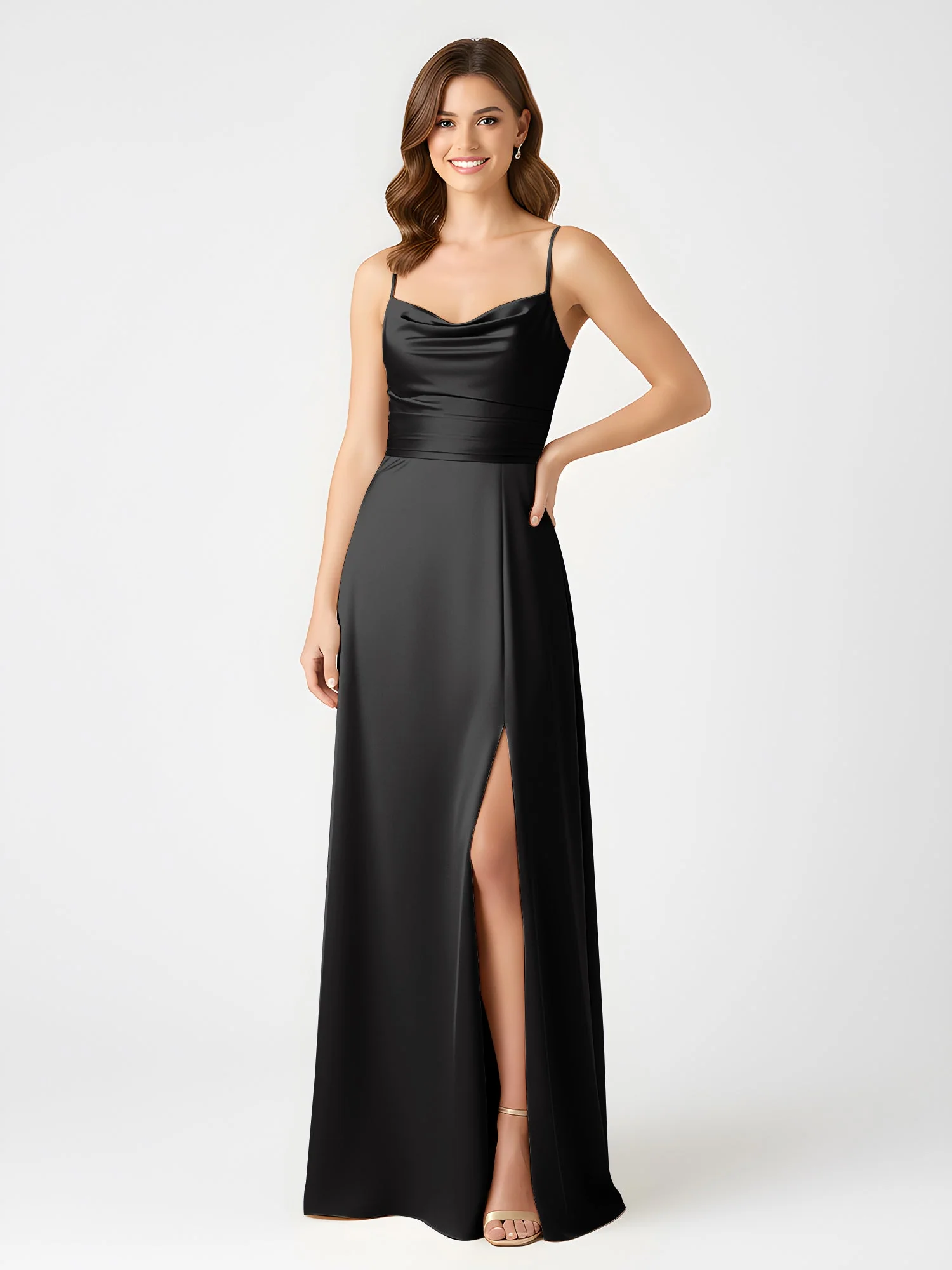 Cowl Ausschnitt Spaghettiträger Satin Kleid mit Schlitz Schwarz - Image 3