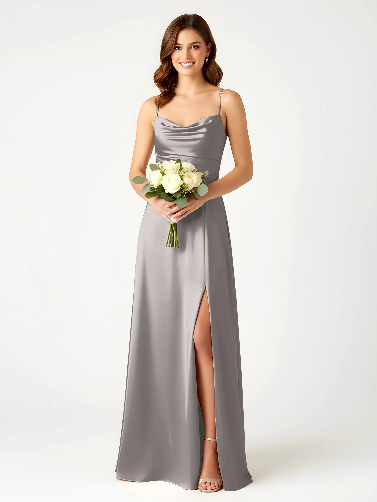 Cowl Ausschnitt Spaghettiträger Satin Kleid mit Schlitz Silber