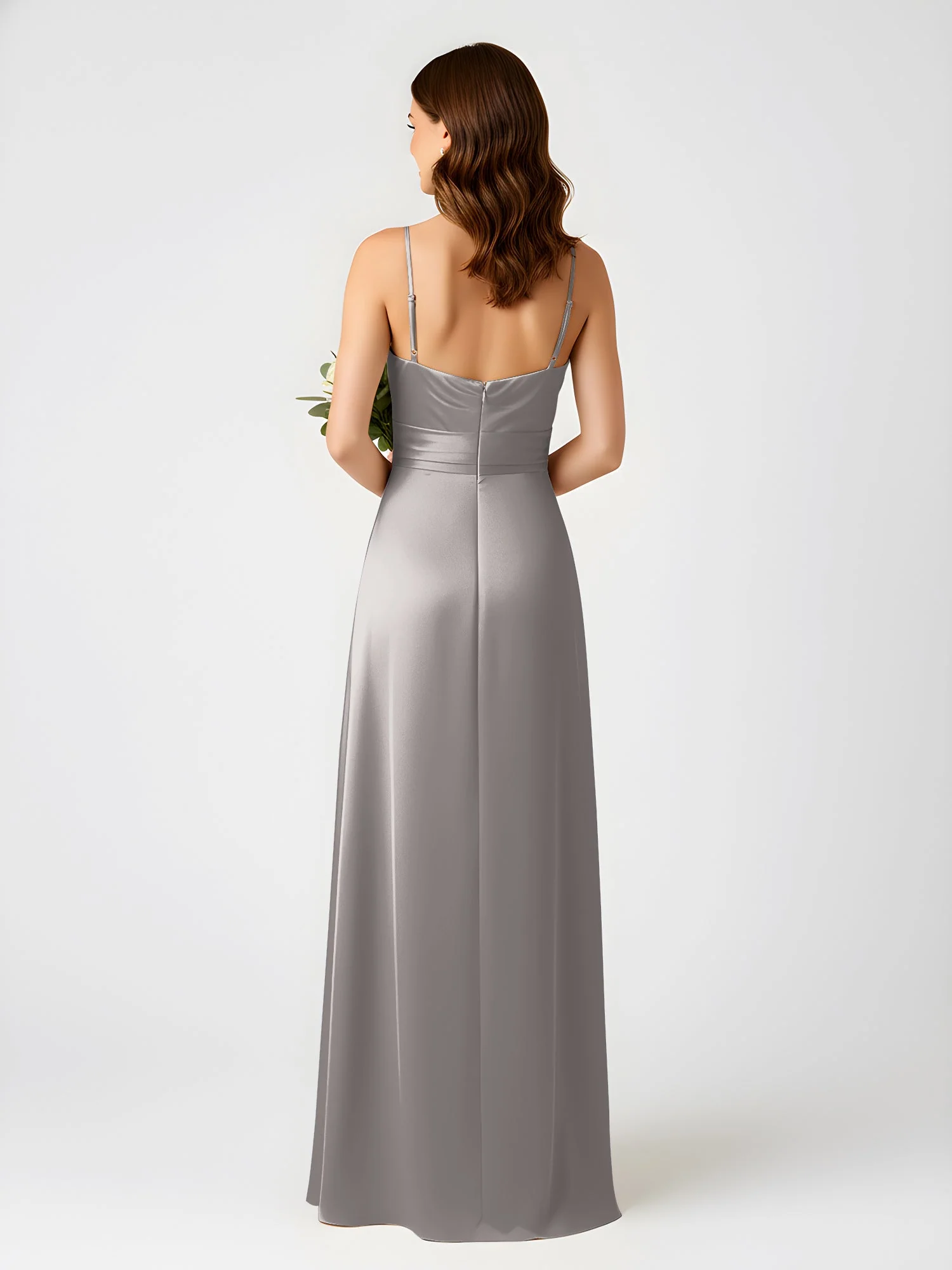 Cowl Ausschnitt Spaghettiträger Satin Kleid mit Schlitz Silber - Image 2