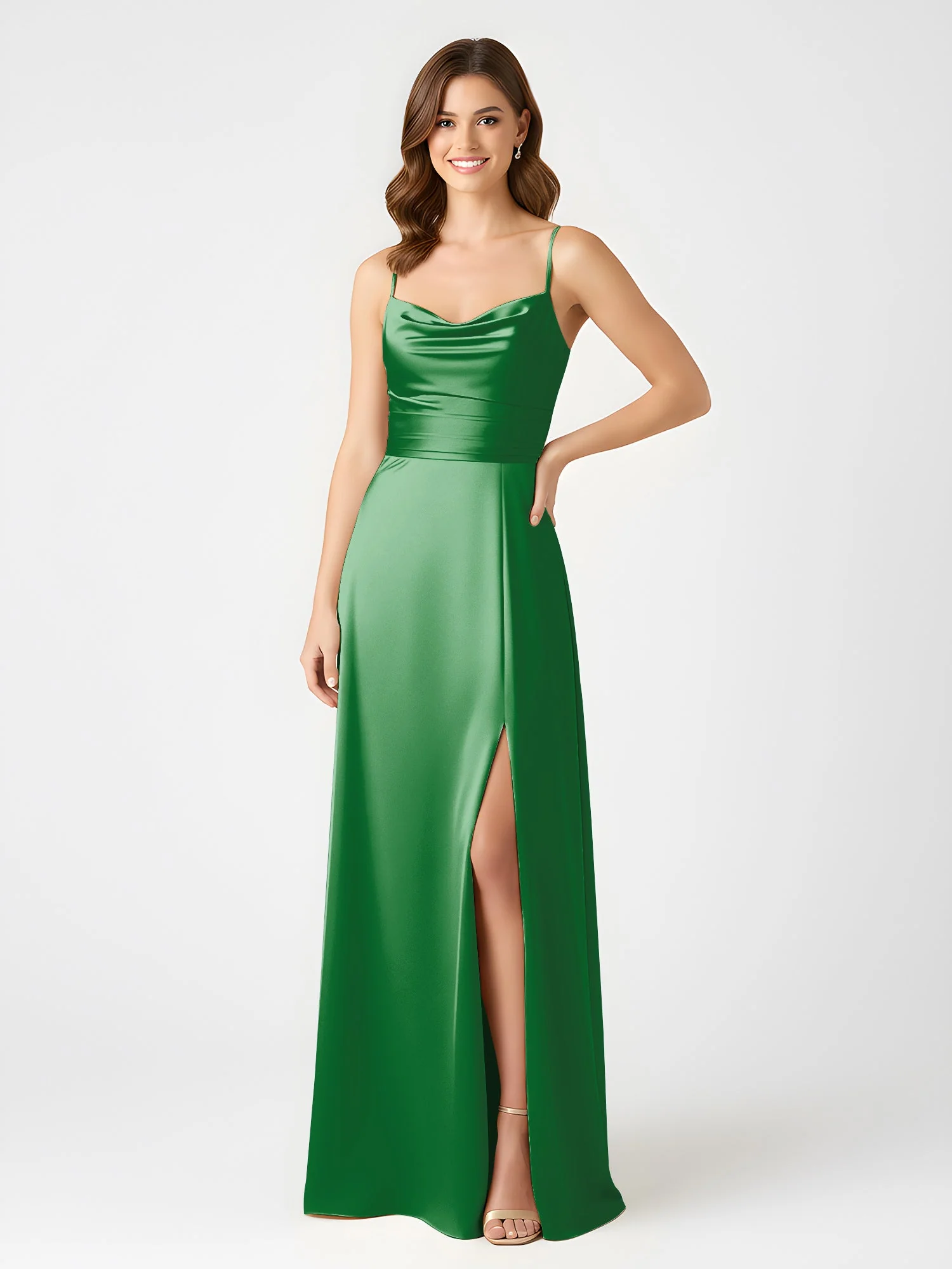 Cowl Ausschnitt Spaghettiträger Satin Kleid mit Schlitz Smaragd - Image 3