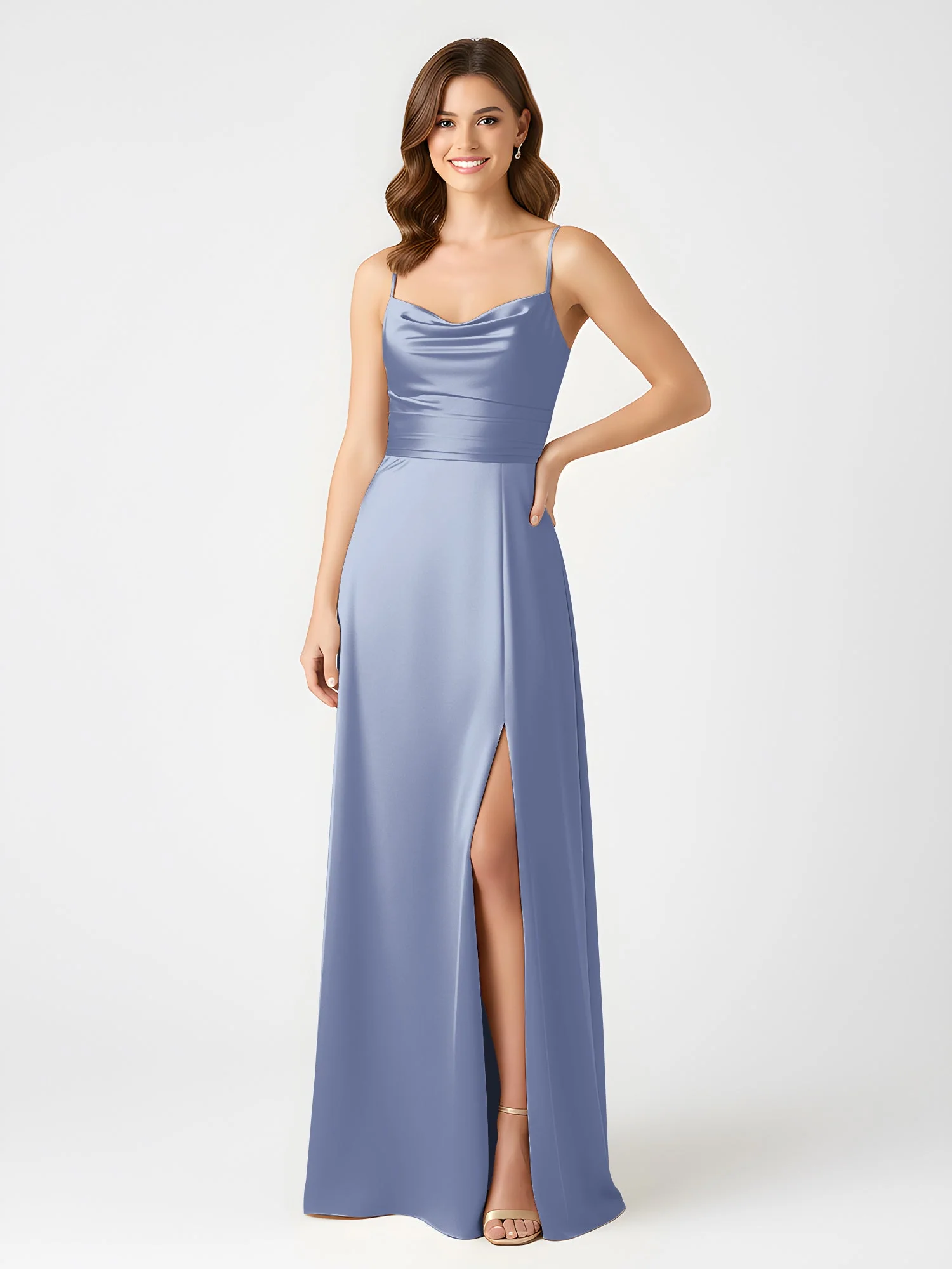 Cowl Ausschnitt Spaghettiträger Satin Kleid mit Schlitz Staubiges Blau - Image 3