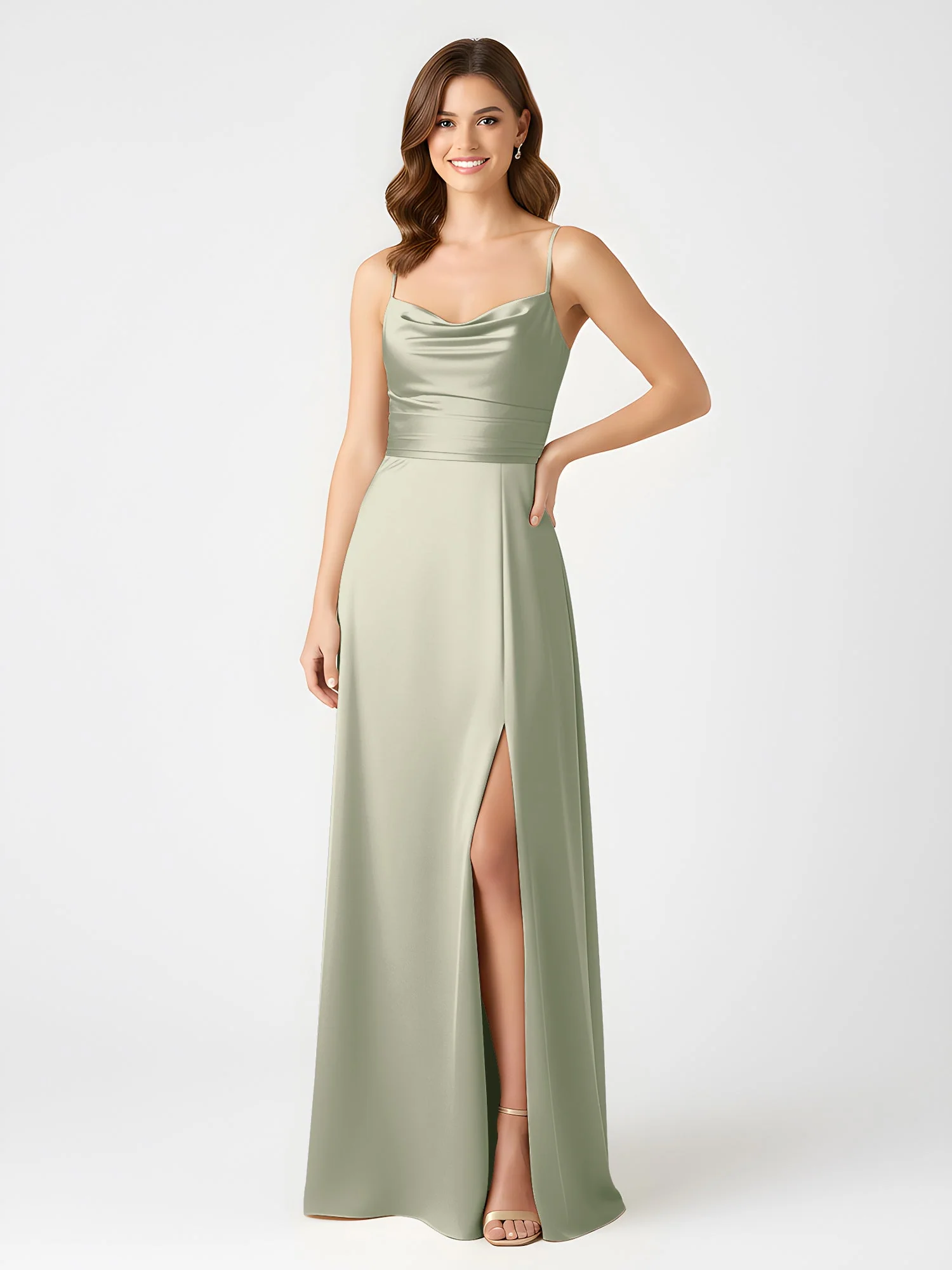Cowl Ausschnitt Spaghettiträger Satin Kleid mit Schlitz Staubiges Salbei - Image 3