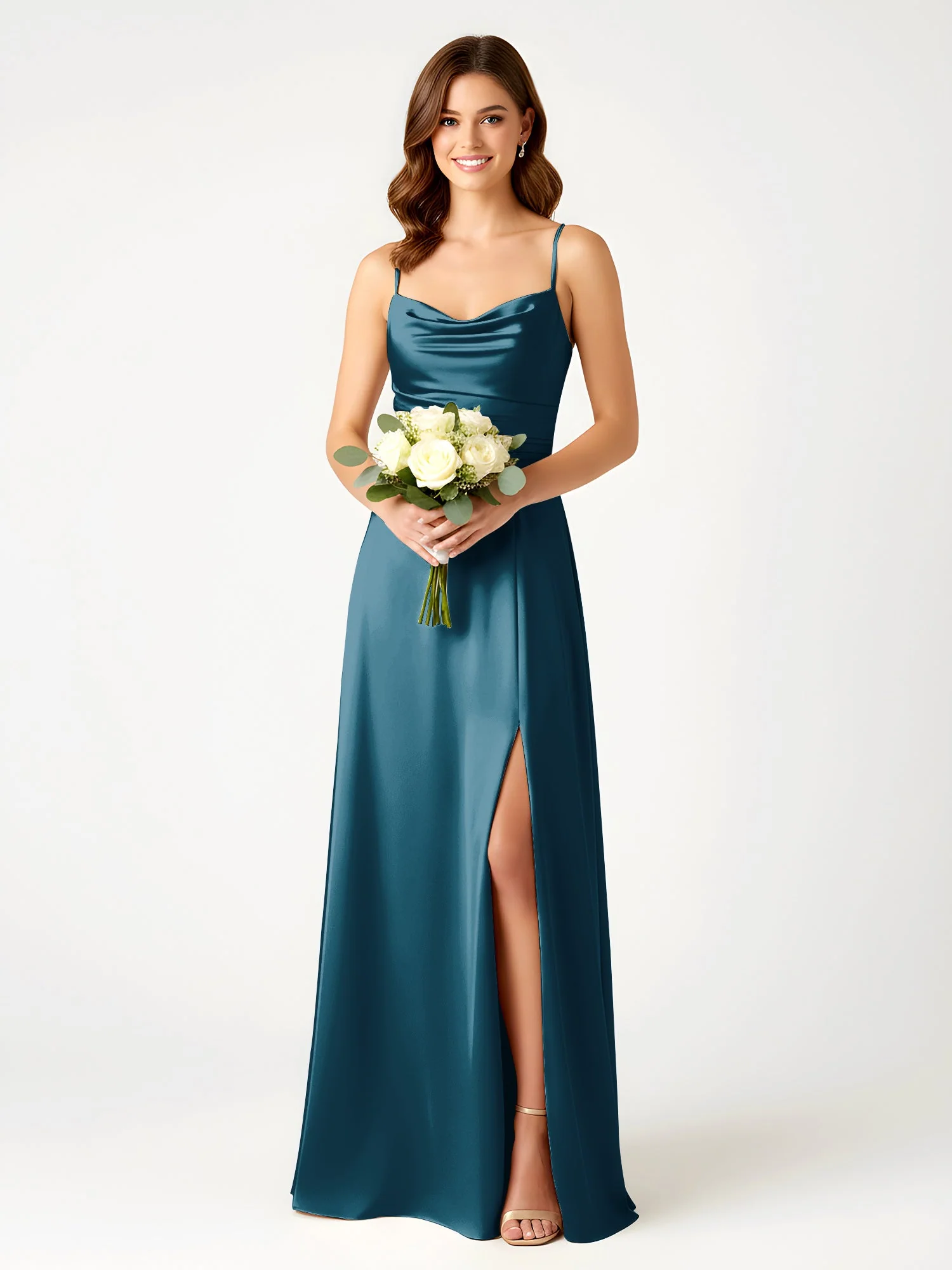 Cowl Ausschnitt Spaghettiträger Satin Kleid mit Schlitz Tinte Blau