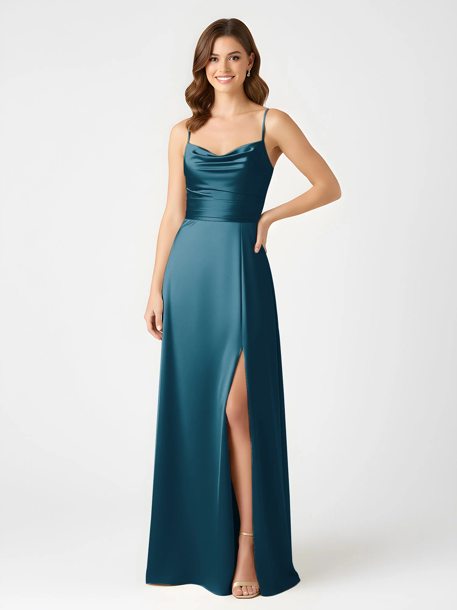 Cowl Ausschnitt Spaghettiträger Satin Kleid mit Schlitz Tinte Blau - Image 3