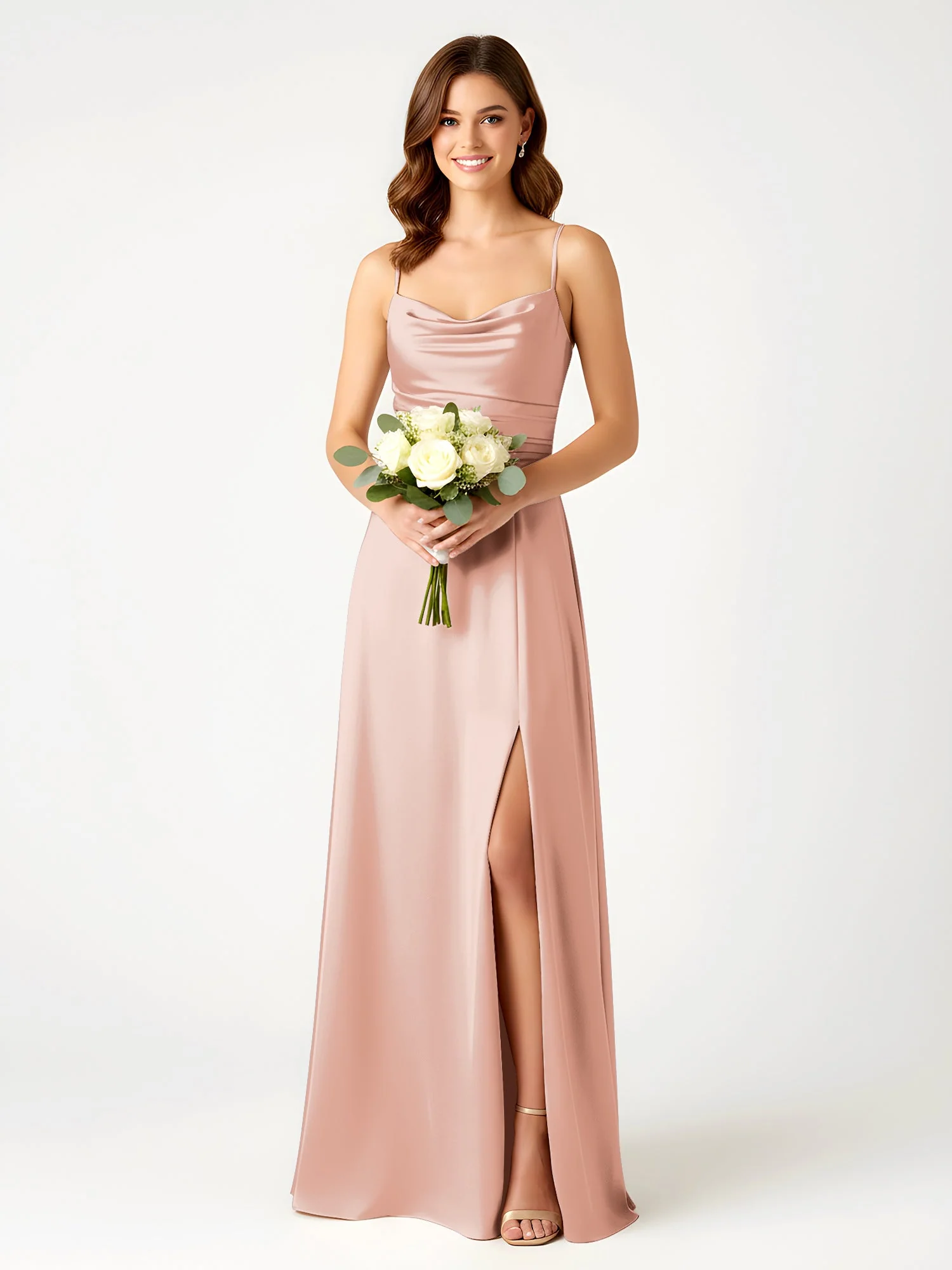 Cowl Ausschnitt Spaghettiträger Satin Kleid mit Schlitz Zartrosa