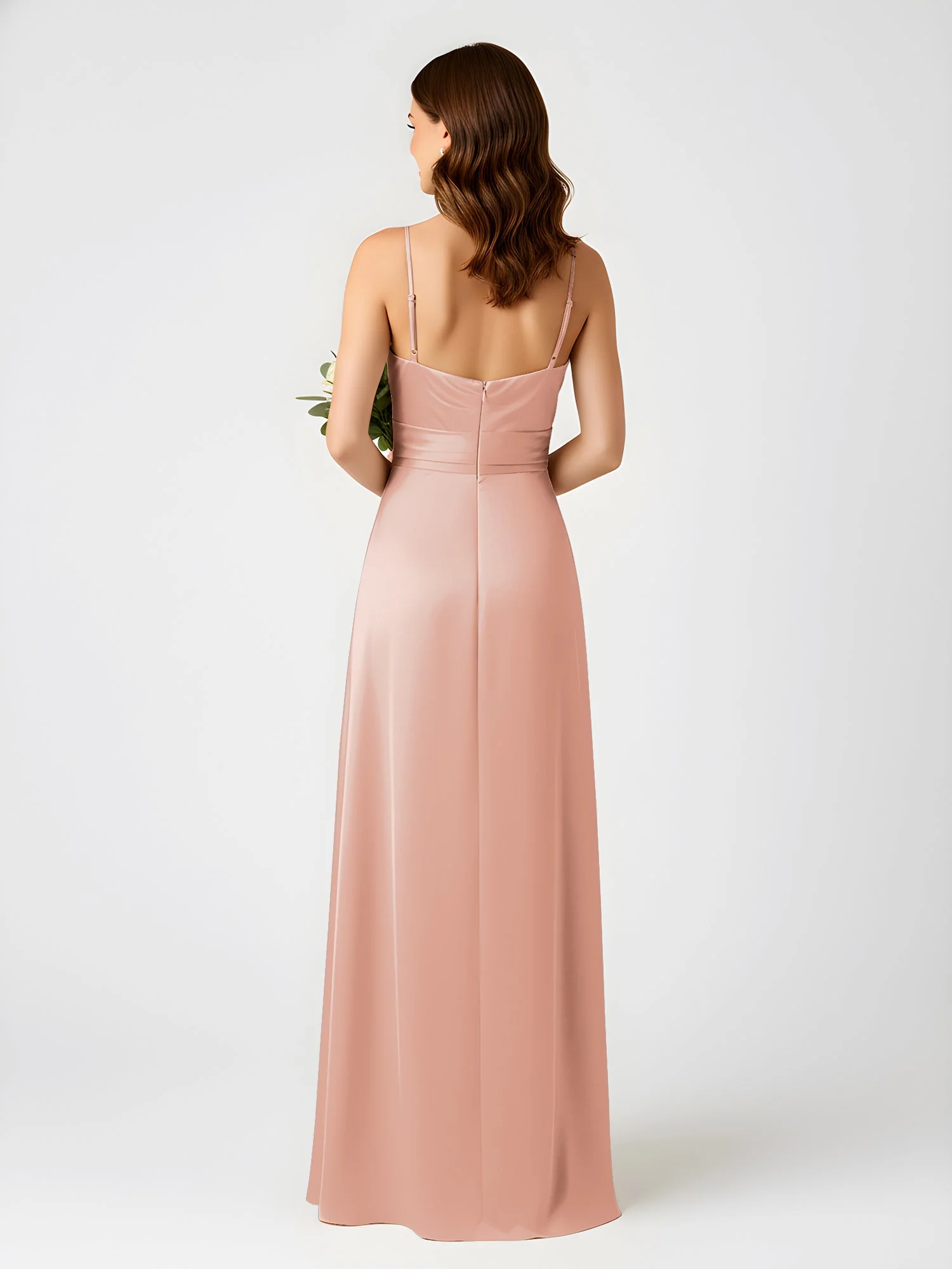 Cowl Ausschnitt Spaghettiträger Satin Kleid mit Schlitz Zartrosa - Image 2